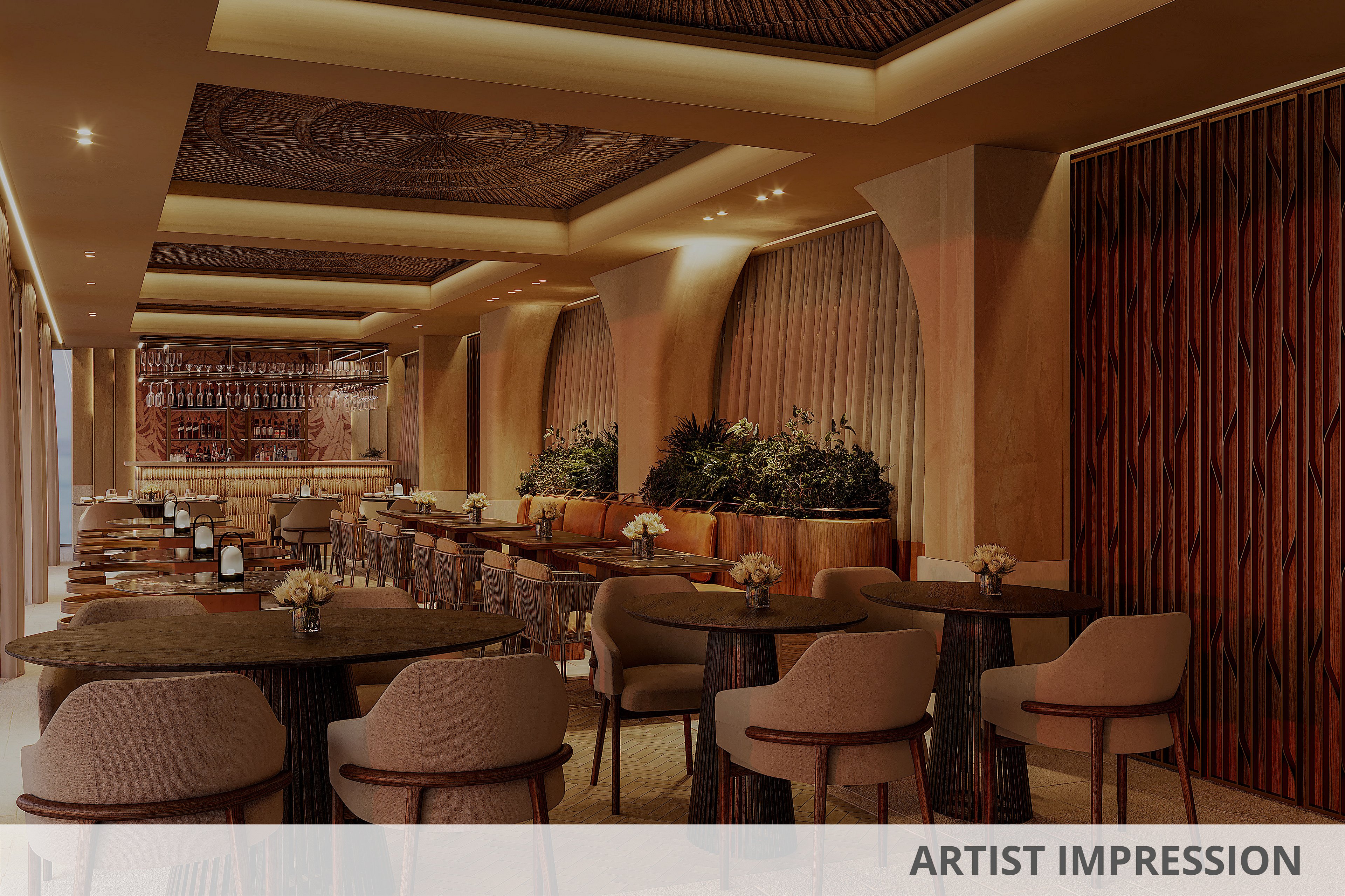 Upscale restaurant dining room featuring modern tables and upholstered chairs in a neutral palette. The space is warmly lit, with decorative ceiling panels and textured wooden wall elements adding visual interest. A bar area is visible in the background, framed by soft drapery and greenery along the sides. Small floral centerpieces and candles on the tables create an intimate, sophisticated atmosphere.