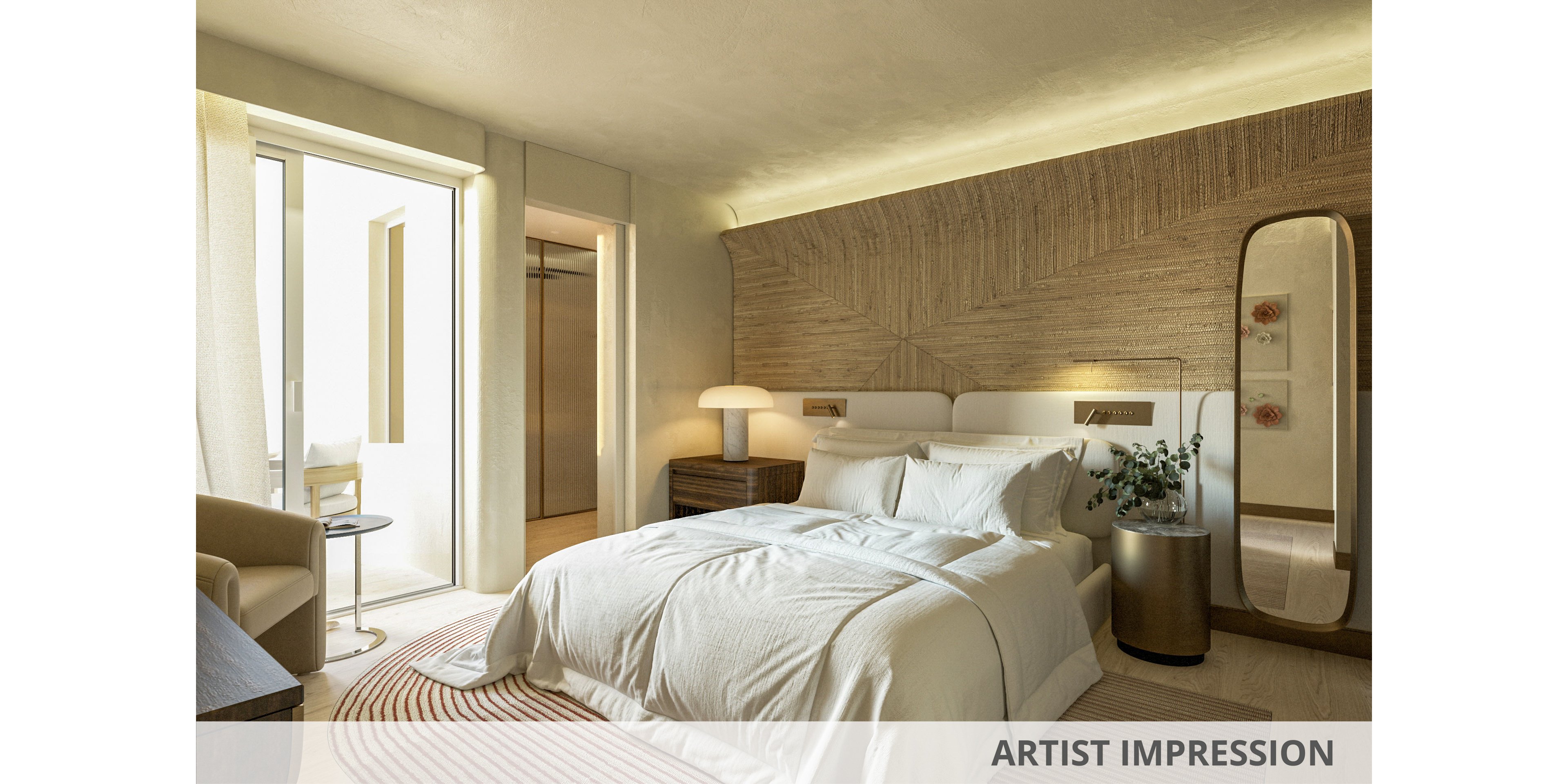 A contemporary bedroom features a neatly made bed with white linens and a padded headboard. Warm natural light enters through large glass doors leading to a balcony or terrace. The room is decorated with a woven textured accent wall, a sculptural table lamp, and a tall mirror with subtle floral details. Soft beige tones, a striped rug, and minimalist furniture create a calm, inviting atmosphere.