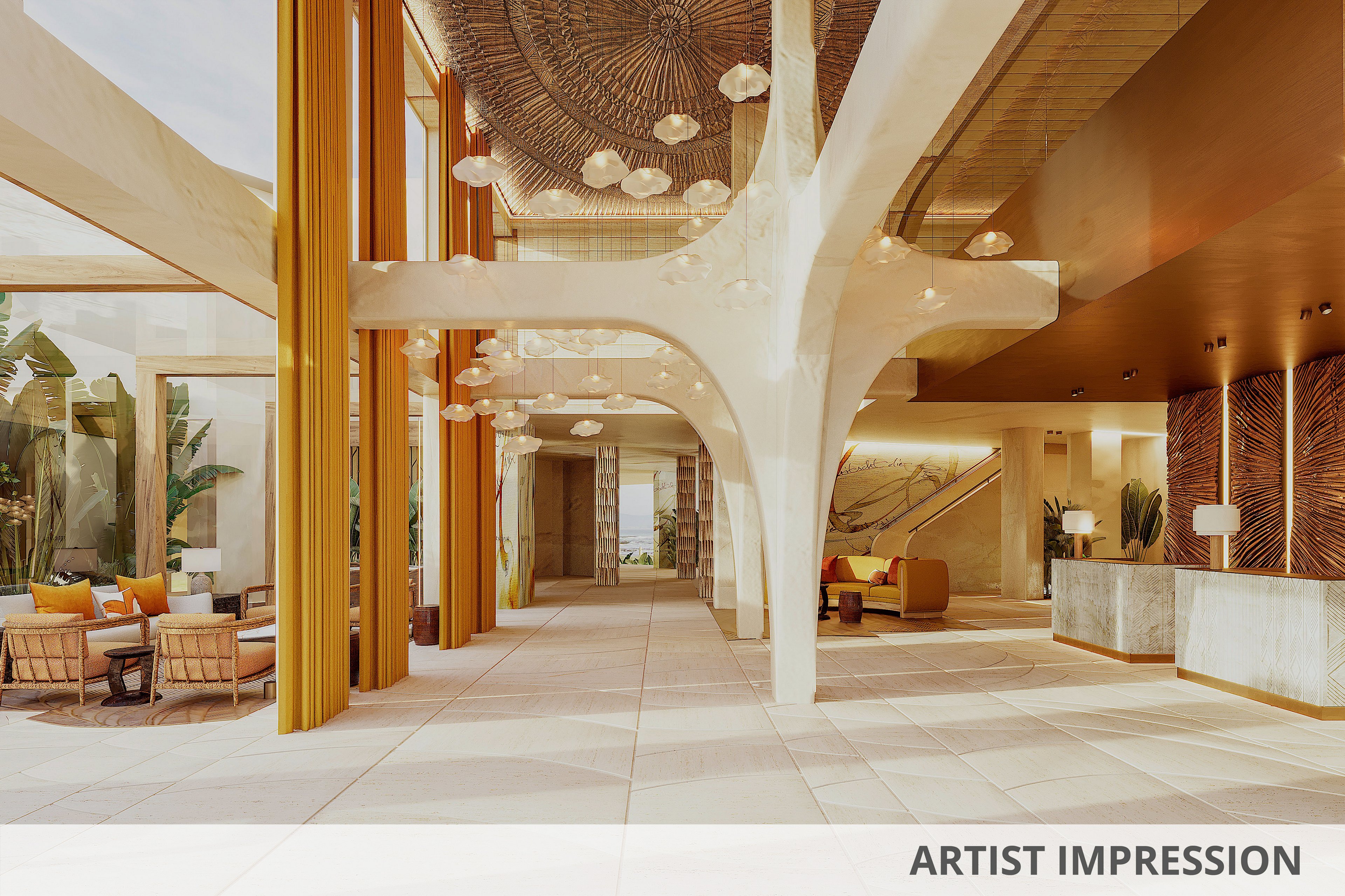 Spacious contemporary hotel lobby featuring sculptural white columns and a high ceiling with artistic wood detailing. Warm ambient lighting and hanging glass fixtures create an inviting atmosphere. Seating areas with modern armchairs and sofas are arranged near large windows and indoor greenery. The reception desk on the right showcases textured wood panels and stone surfaces, emphasizing a sophisticated, resort-like design.