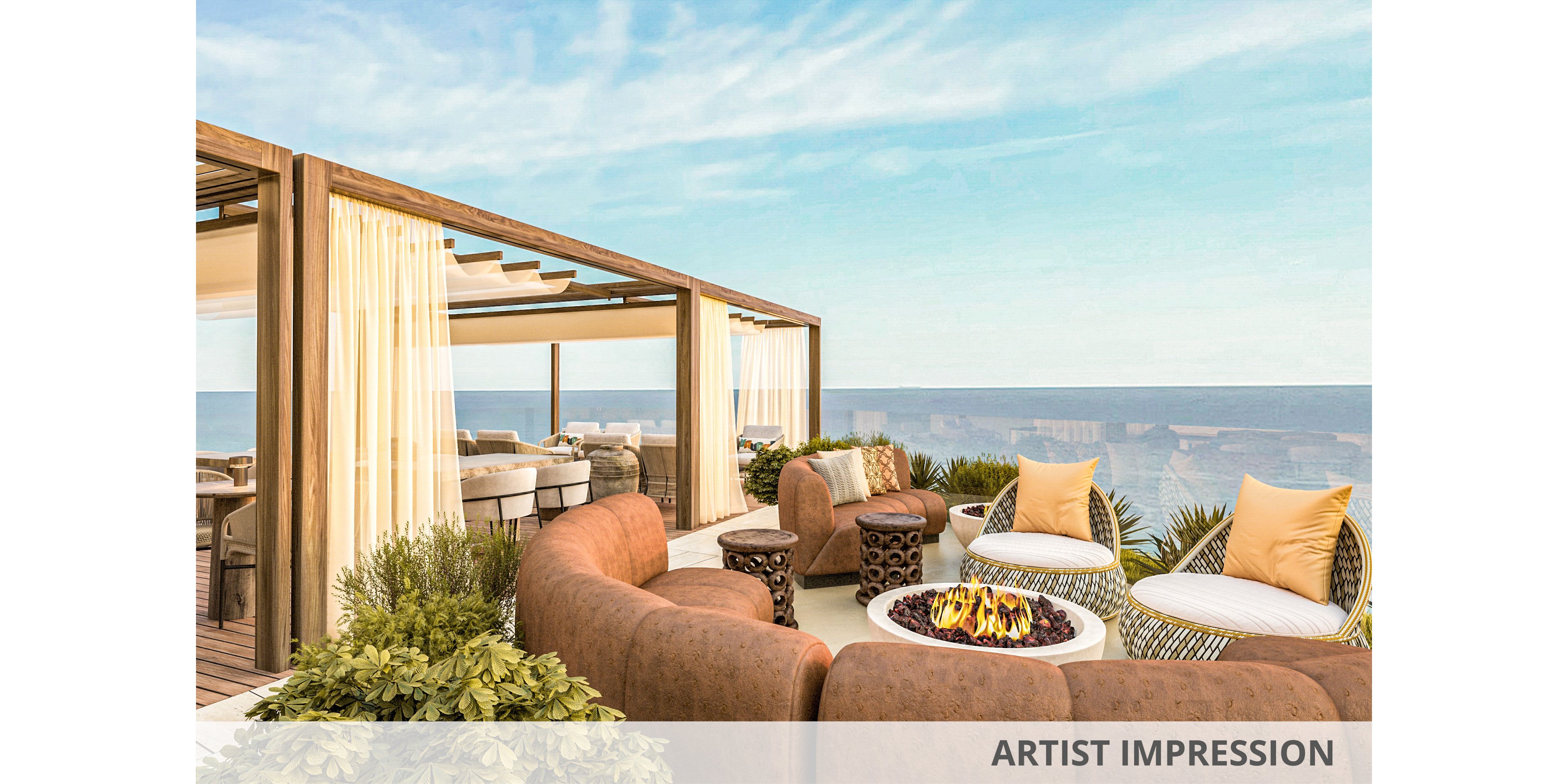 An upscale outdoor lounge terrace overlooks a calm ocean under a clear blue sky. Curved cushioned sofas and woven armchairs surround a modern firepit centerpiece. Wooden pergolas with flowing cream curtains frame the seating areas and create shaded cabanas. Lush green plants soften the space, enhancing the relaxed, resort-style atmosphere.