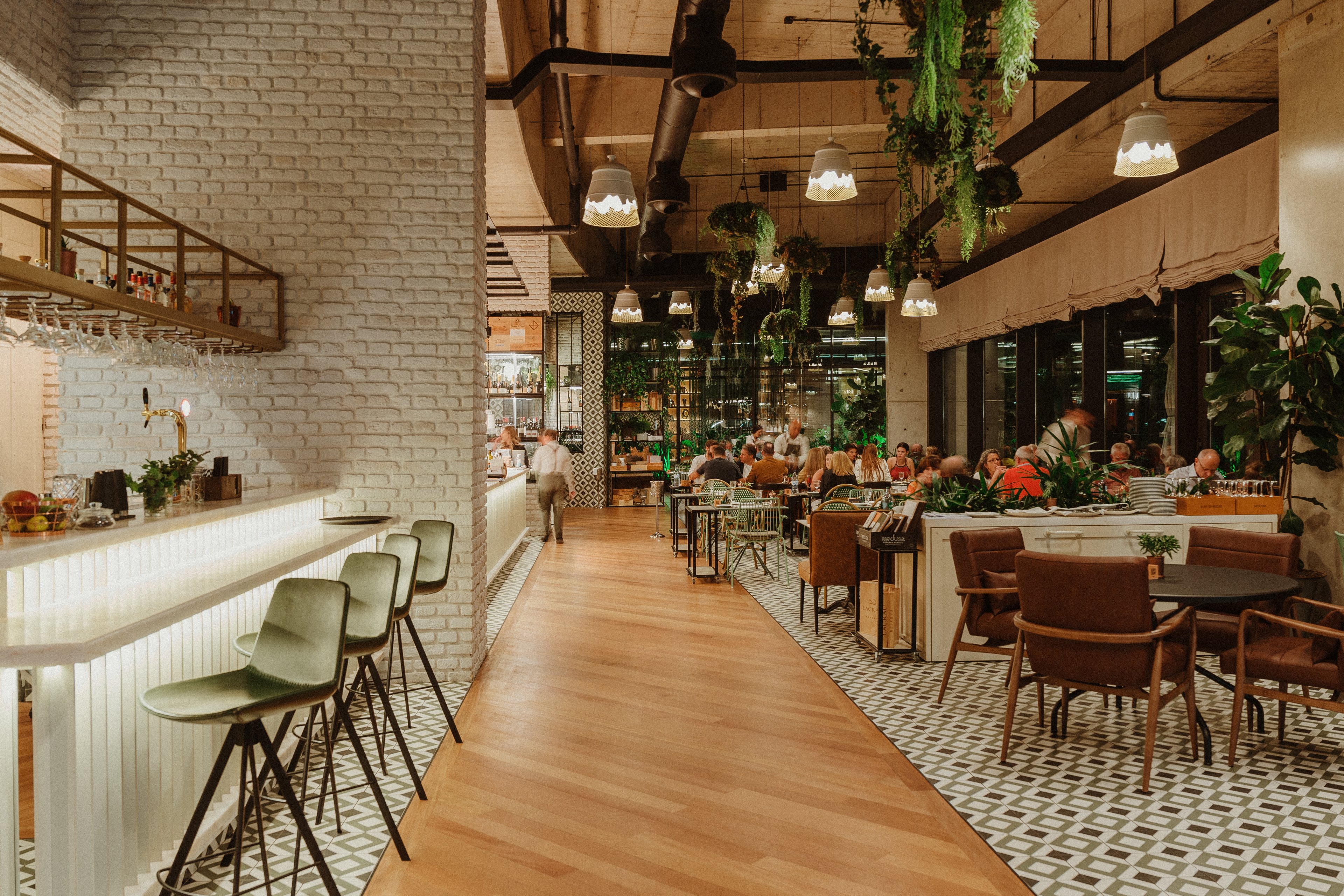 Warmly lit contemporary restaurant interior featuring a bright bar counter with high stools on the left. The space opens into a dining area with wooden tables, upholstered chairs, and patterned tile flooring. Hanging plants, greenery, and pendant lights create a welcoming, natural atmosphere. Large windows and visible patrons suggest an active, social evening setting.