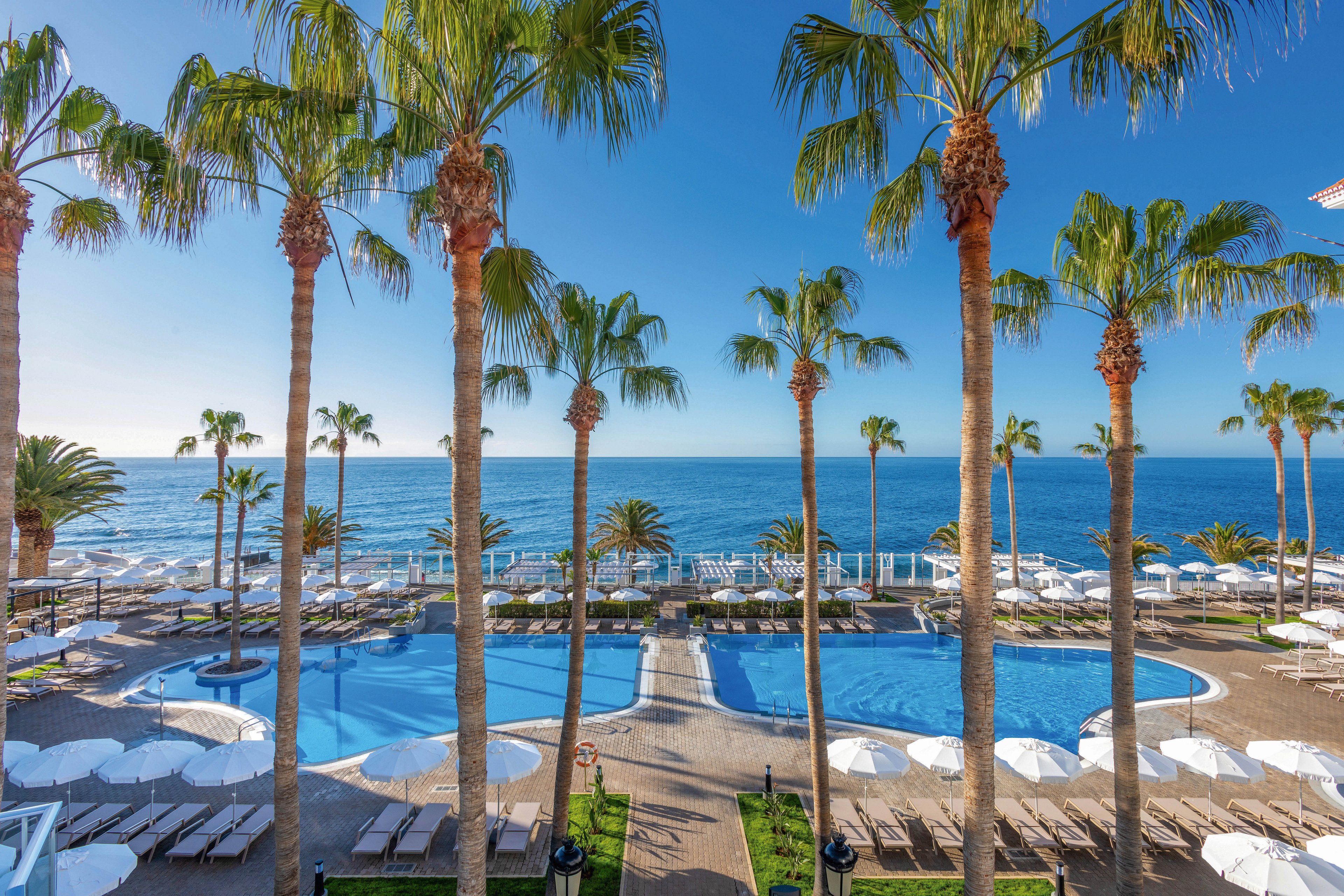 A vibrant resort pool area is framed by tall palm trees, overlooking a sparkling blue ocean under a clear sky. Numerous white sun loungers and umbrellas surround the pool, creating a relaxing and inviting atmosphere. The setting suggests a tropical or Mediterranean coastal location, ideal for leisure and vacation. The overall mood is bright, tranquil, and luxurious.