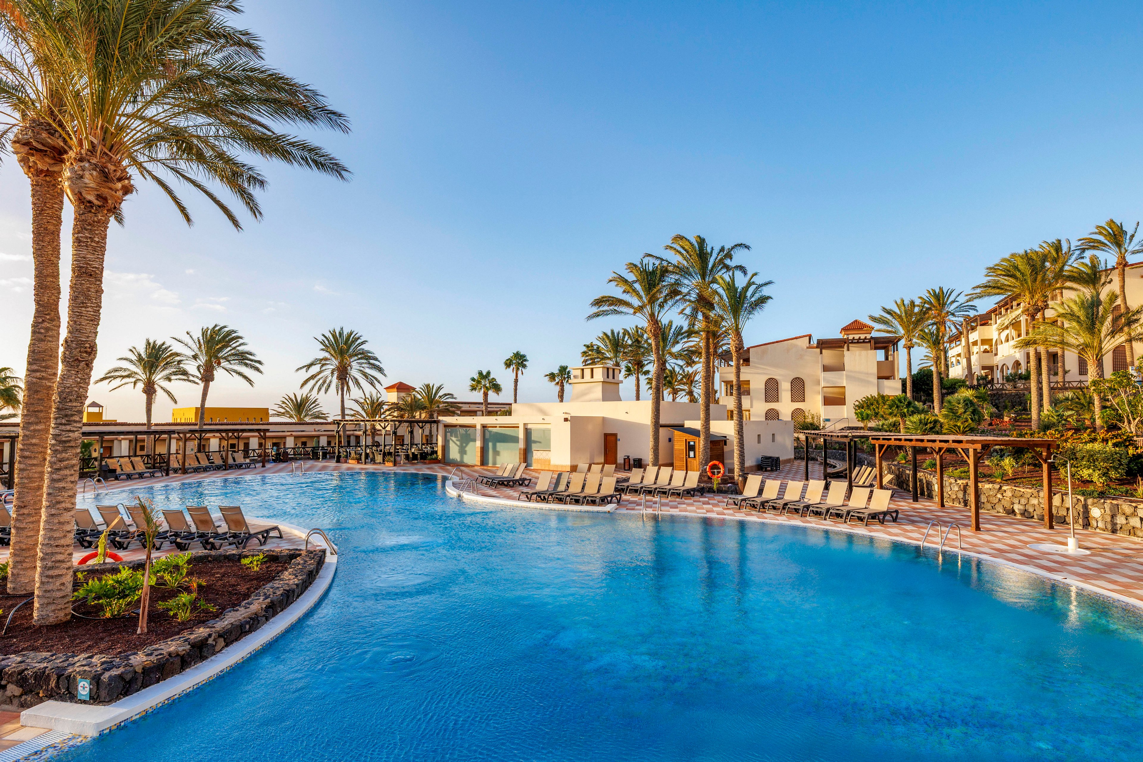 A large, curved swimming pool dominates the foreground of a sunny resort scene. Tall palm trees line the poolside, framing lounge chairs neatly arranged along the deck. Mediterranean-style buildings with warm-toned facades rise in the background under a clear blue sky. The calm water and empty loungers create a tranquil, vacation-like atmosphere.