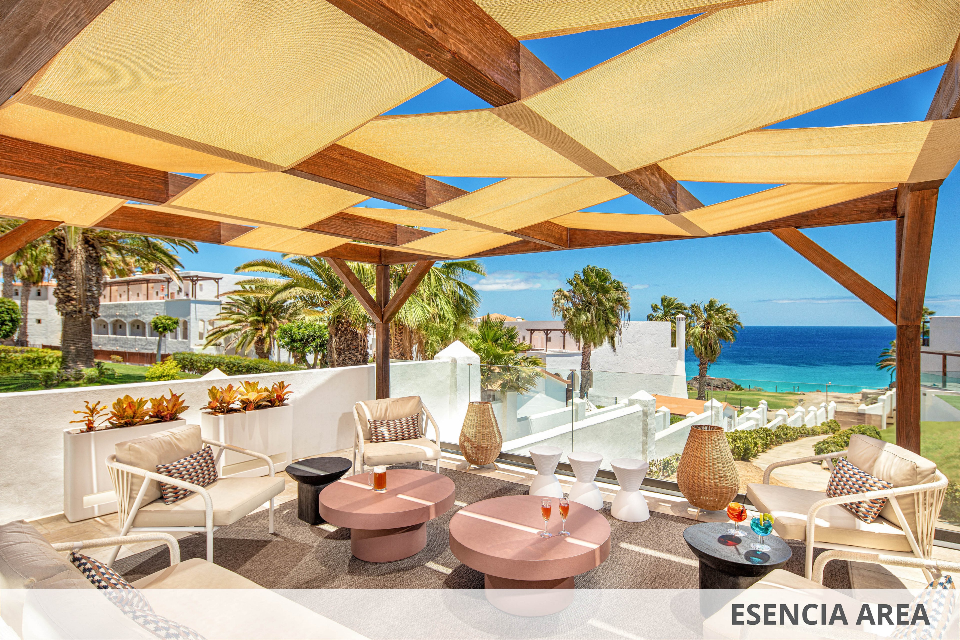 An open-air lounge terrace overlooks a bright turquoise ocean and sandy beach. Comfortable modern seating, round tables, and decorative vases are arranged beneath a geometric wooden pergola with fabric shades. Palm trees, manicured greenery, and white buildings frame the coastal setting in the background. Several colorful drinks sit on the tables, suggesting a relaxed vacation atmosphere, and the text "ESENCIA AREA" appears along the bottom edge.