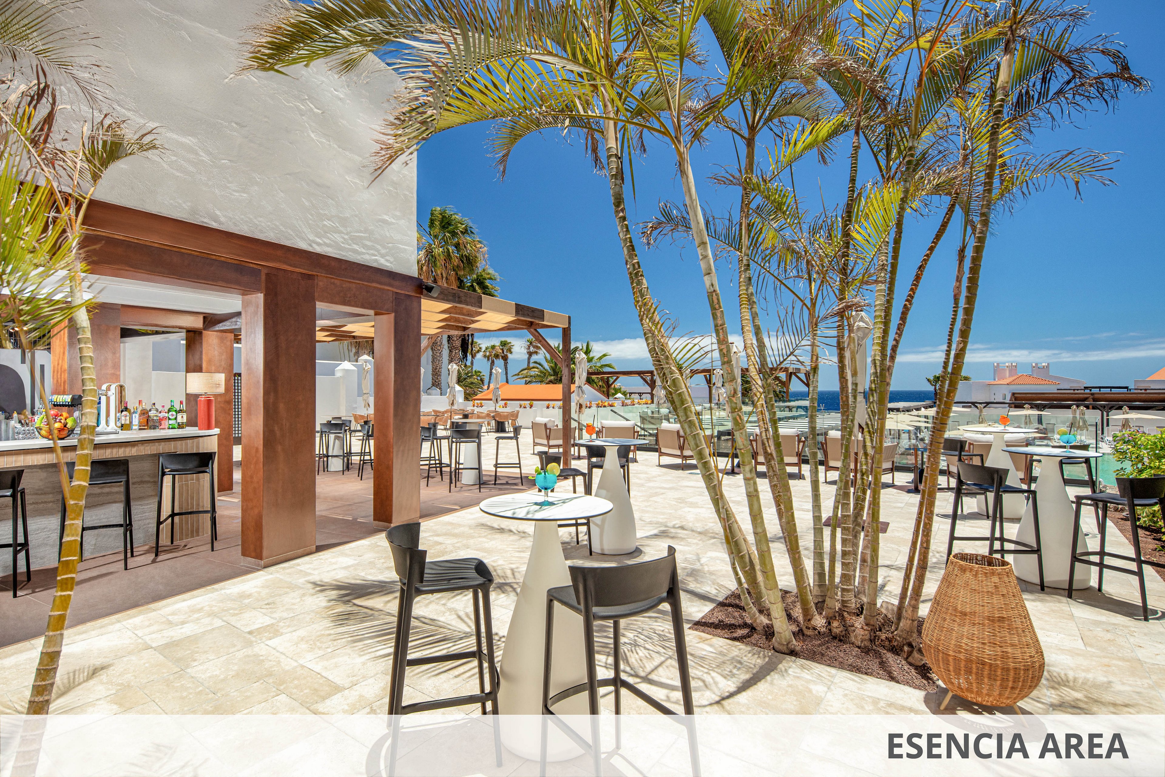 An open-air bar and lounge area is set on a bright beachfront terrace under clear blue skies. Tall palm trees frame high tables and bar stools arranged for outdoor dining and drinks. The scene overlooks the ocean with sunlit seating areas and umbrellas in the background. A text label reading "ESENCIA AREA" appears along the bottom edge of the image.