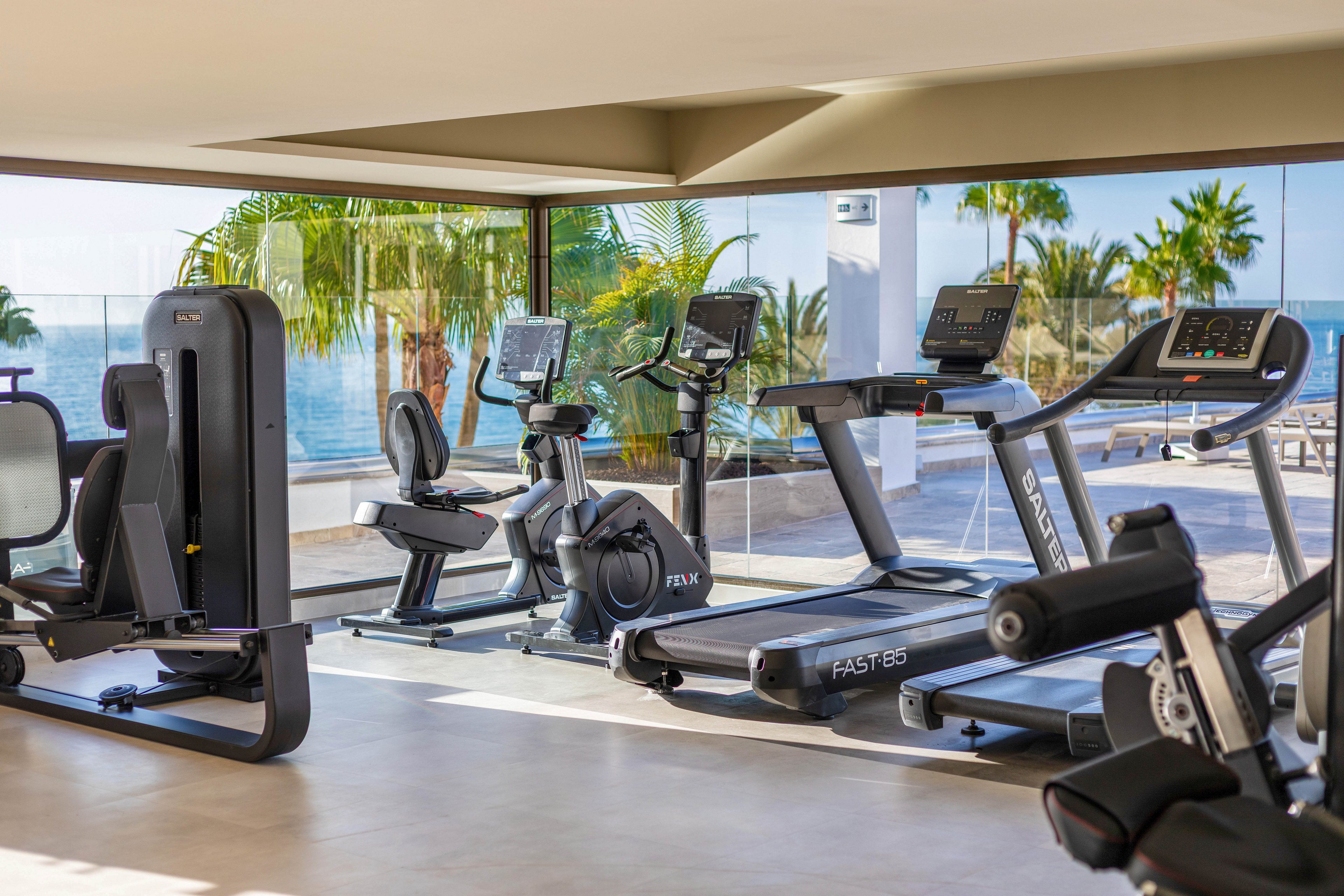 A contemporary fitness center features several cardio machines, including treadmills, stationary bikes, and elliptical trainers. The gym is set in a bright, spacious room with large windows overlooking palm trees and a scenic ocean backdrop. The space is clean and well-lit, creating an inviting atmosphere for exercise and wellness activities.