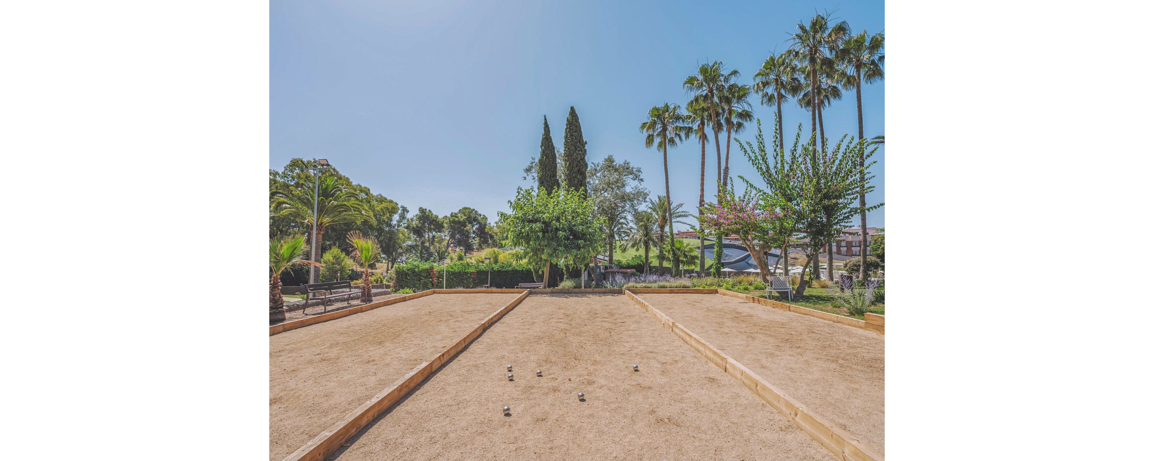 An outdoor bocce or pétanque court is shown under a clear blue sky. The sandy playing surface is framed by wooden borders, with several metal balls scattered across the lanes. Tall palm trees and lush greenery surround the court, creating a relaxed, resort-like atmosphere. Benches and landscaped plants line the edges, suggesting a recreational area in a park or garden setting.