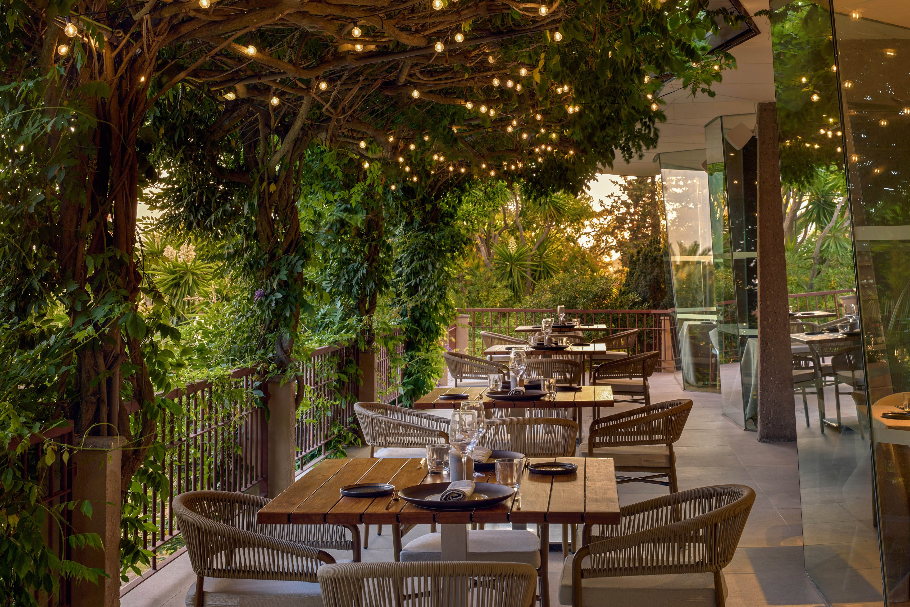 An elegant outdoor restaurant terrace is set for dining beneath a canopy of leafy vines and warm string lights. Wooden tables with neatly arranged glassware and plates create an inviting atmosphere. The terrace overlooks lush greenery, with a glass wall reflecting the glowing lights. The scene suggests a tranquil, romantic evening meal in a natural, urban oasis.