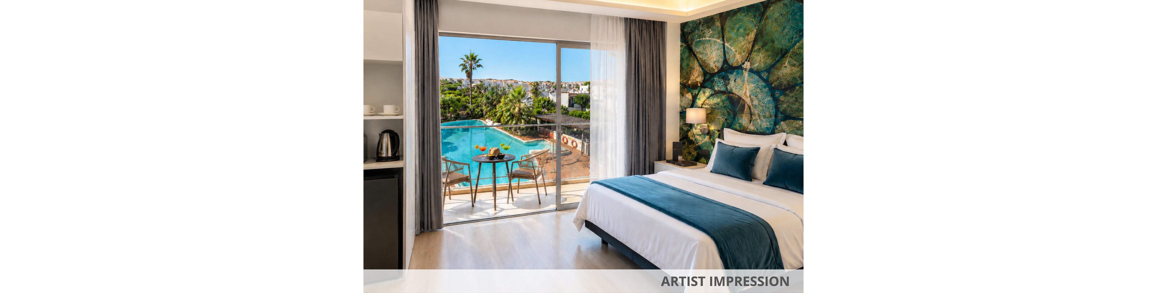 Contemporary hotel room features a large bed with teal accents and a vibrant abstract wall mural. Floor-to-ceiling glass doors open onto a balcony with a table, chairs, and drinks, overlooking a clear blue swimming pool. Lush palm trees and greenery surround the pool area, suggesting a tropical resort setting. The image includes the text "ARTIST IMPRESSION" along the bottom edge, indicating a conceptual visualization.