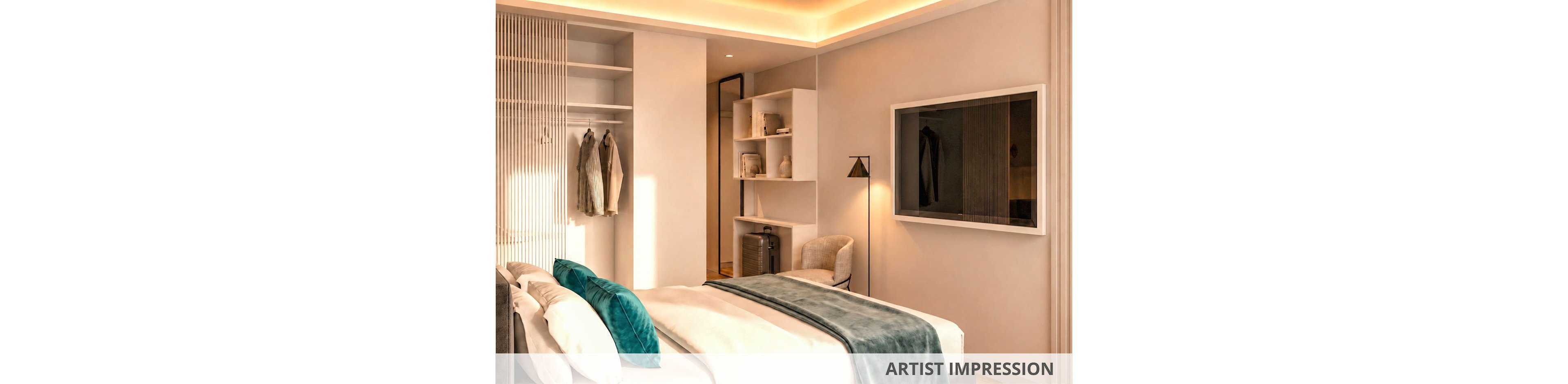 Contemporary bedroom interior with a neatly made bed featuring teal accent pillows and a soft throw. Open wardrobe shelving displays hanging clothes and decorative objects, while a small desk and chair sit near the back wall. A large wall-mounted screen or frame is positioned opposite the bed, and warm recessed ceiling lighting creates a cozy atmosphere. The image includes the text "ARTIST IMPRESSION" indicating a conceptual visualization.