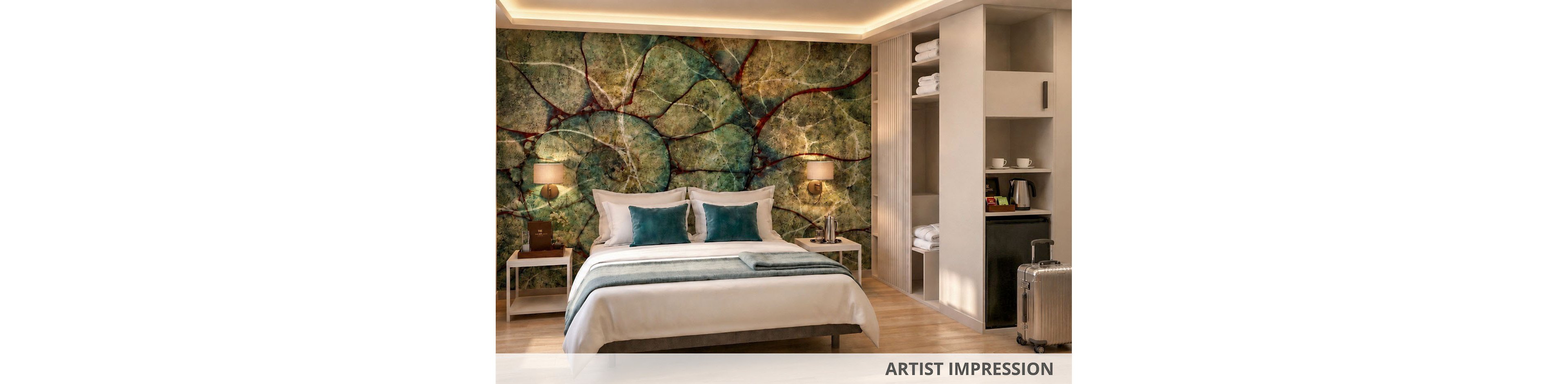 A contemporary hotel-style bedroom features a large bed with white linens and teal accent pillows. The focal point is an artistic impression of a green and brown abstract wall mural behind the bed. Warm lighting from two bedside lamps and recessed ceiling lights creates a cozy atmosphere. Open shelving with neatly folded towels and a silver suitcase near the bed suggest a comfortable, well-appointed guest room.