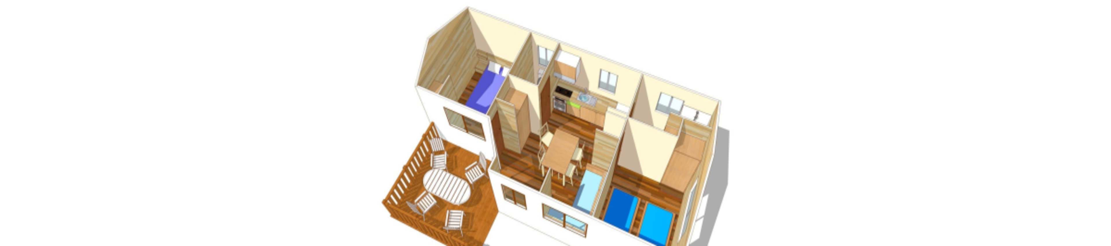 A 3D-rendered floor plan showcases a compact house with three bedrooms, a kitchen, dining area, and a spacious outdoor deck. The interior features wood accents, simple furnishings, and a mix of blue and purple bedding. The outdoor deck includes a round table with six chairs, emphasizing a cozy and functional living space.