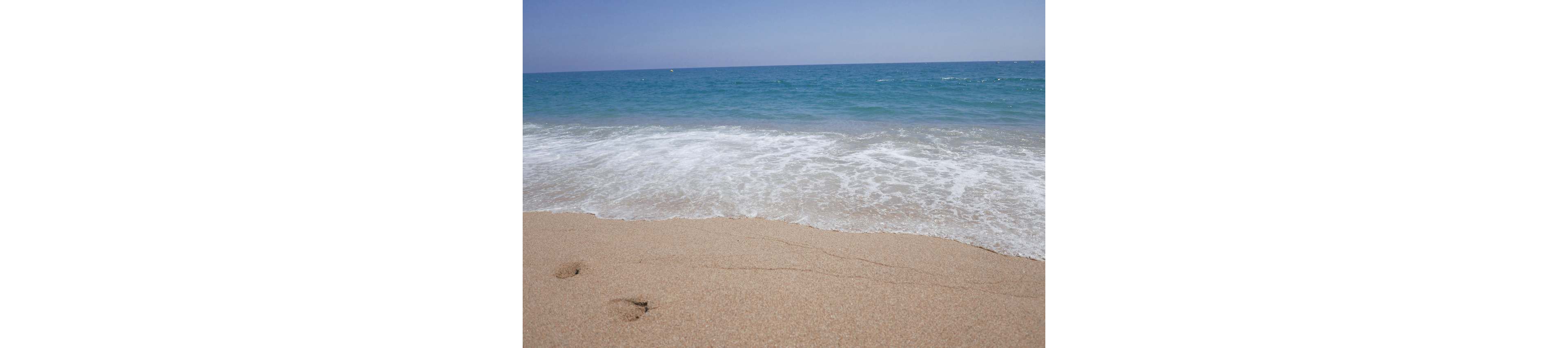 A calm seashore scene shows gentle waves rolling onto a sandy beach. The foreground features smooth sand with a few faint footprints near the waterline. White sea foam contrasts with the turquoise and deep blue tones of the ocean. The clear sky above suggests a peaceful, sunny day at the coast.