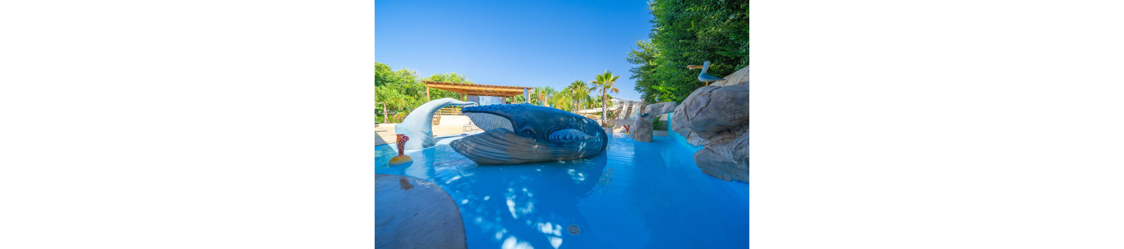 An outdoor splash playground features a large blue whale sculpture in a shallow pool. The scene includes playful water elements such as a whale tail, rocks, and small animal figures. Palm trees, lush greenery, and a wooden pergola create a tropical resort atmosphere under a clear blue sky. Bright colors and calm water give the area a fun, family-friendly feel.