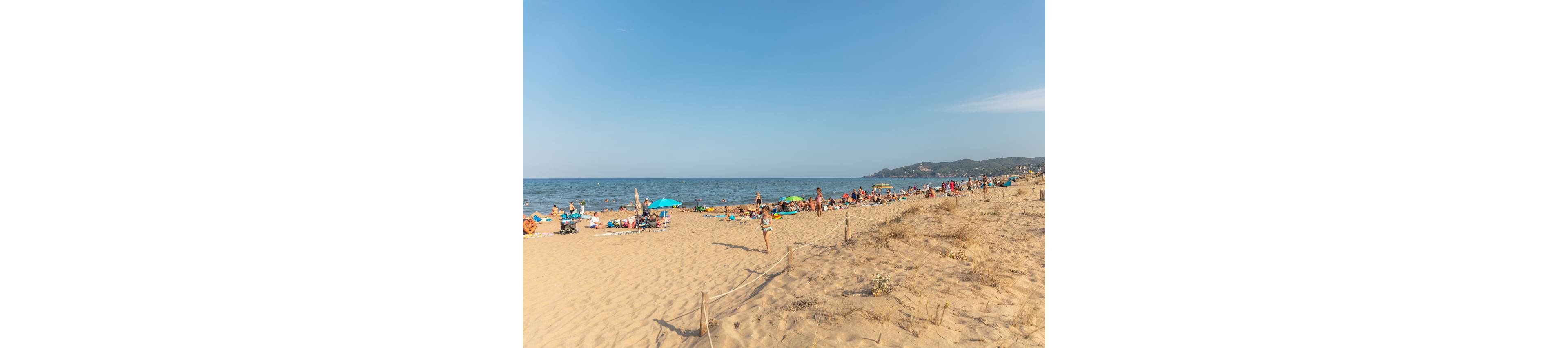 A wide sandy beach is filled with people relaxing near the shoreline on a clear sunny day. Sunbathers lie on towels and under colorful umbrellas while others walk along the sand. The calm sea stretches to the horizon, with gentle waves meeting the shore. Distant hills and a bright blue sky create a warm, leisurely holiday atmosphere.