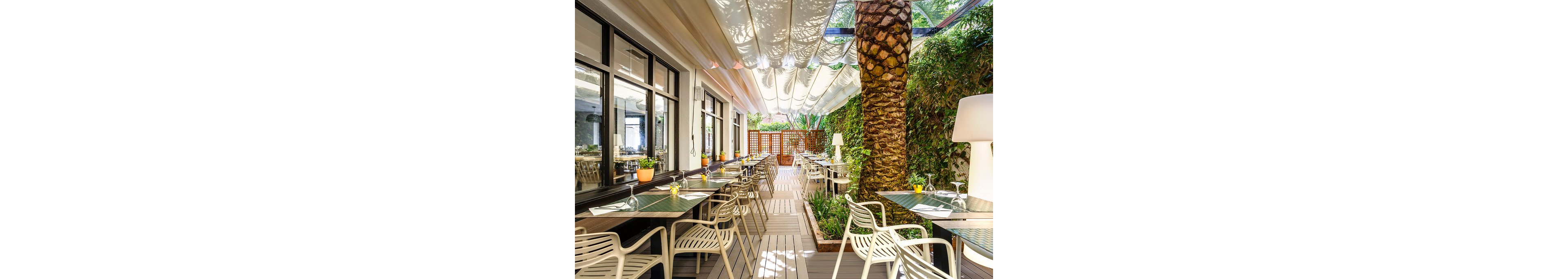 Bright outdoor restaurant terrace with neatly arranged tables and chairs sits beneath a retractable canopy. A tall palm tree and lush green plants line the wooden deck, creating a fresh, natural atmosphere. Glass tabletops are set with upside-down wine glasses and small potted plants, ready for guests. Soft daylight filters through the fabric awning, casting patterned shadows across the seating area.
