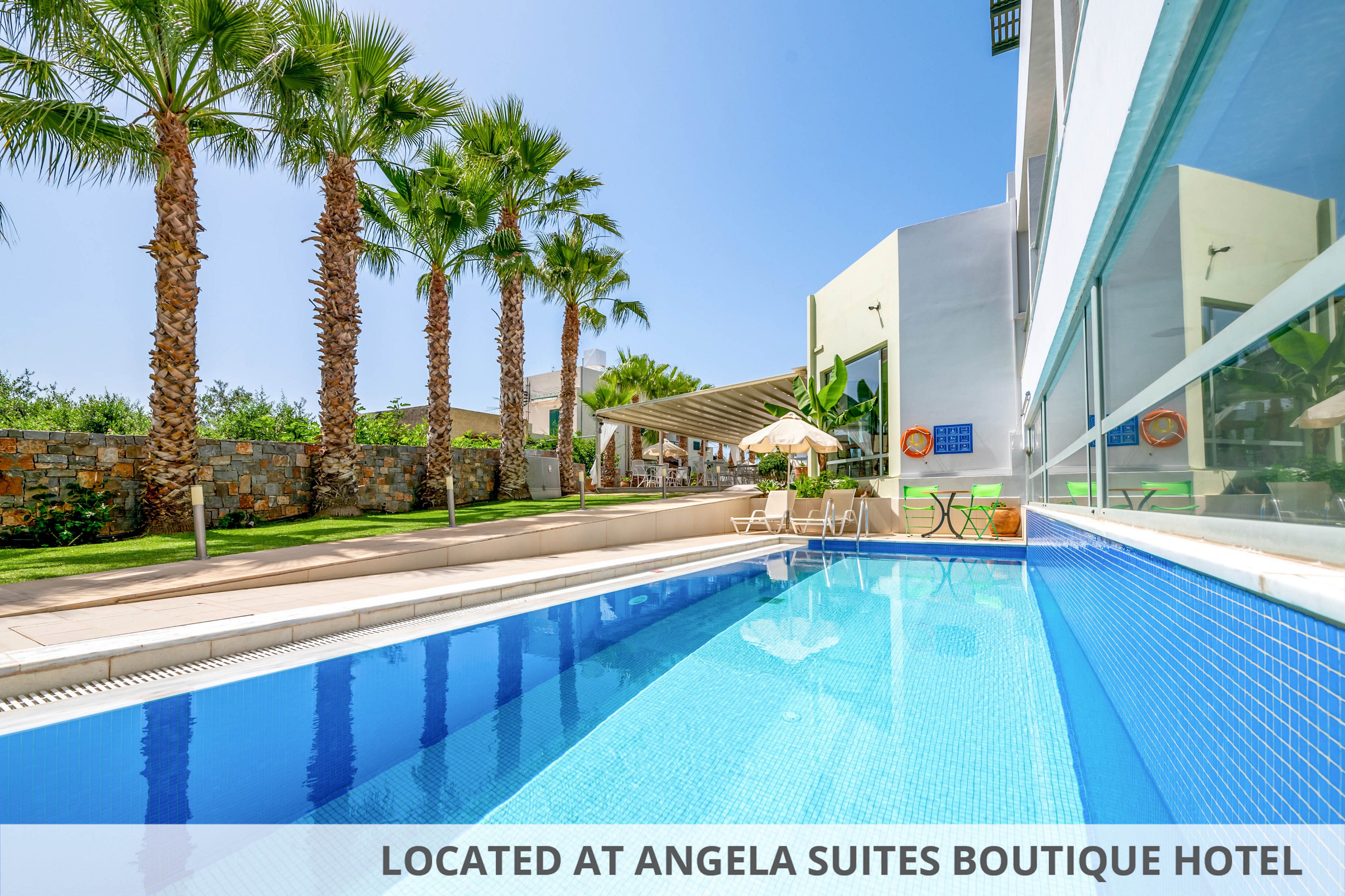 A narrow outdoor swimming pool stretches alongside a modern white building. Tall palm trees line the opposite side, creating a resort-like atmosphere under a clear blue sky. Sun loungers and umbrellas are set up in the background near a shaded patio area. The bright turquoise water and clean architectural lines emphasize a fresh, contemporary vacation setting.