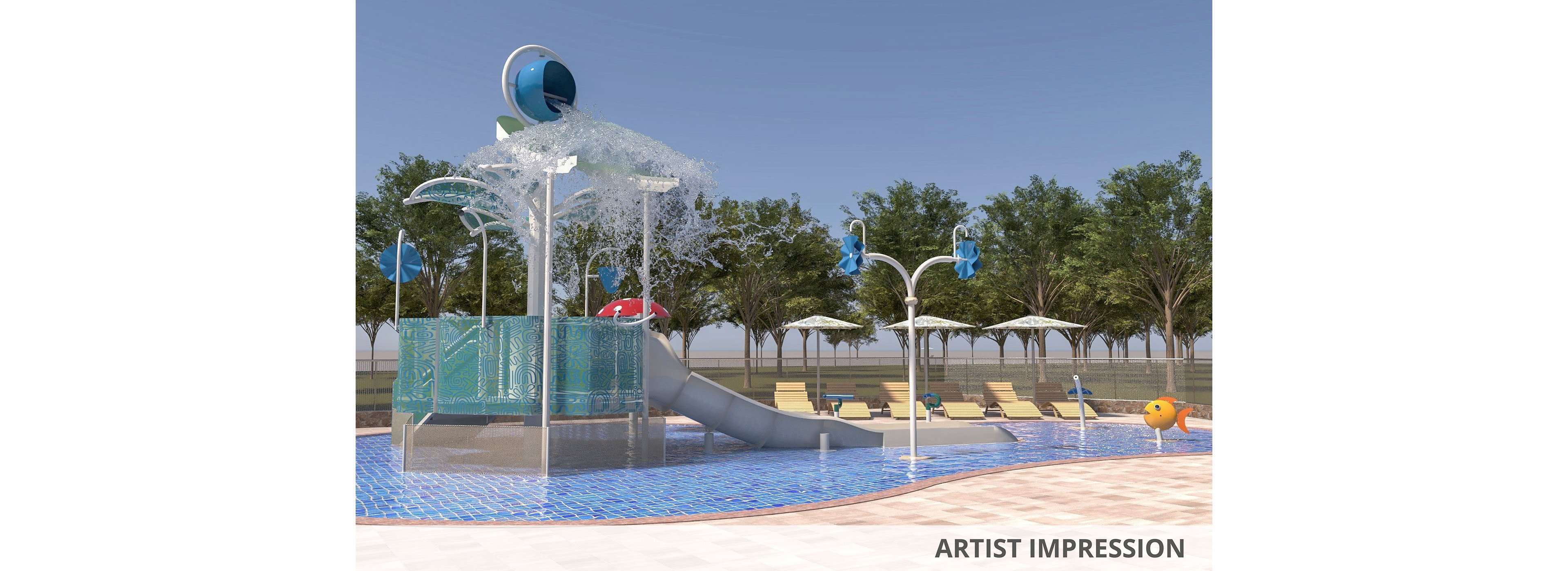 Artist impression of an outdoor splash park featuring interactive water play structures and a slide. Water pours from overhead buckets and sprayers into a shallow tiled pool area. Lounge chairs and umbrellas line the poolside, set against a backdrop of green trees and a clear sky. The text "ARTIST IMPRESSION" appears in the lower right corner of the image.
