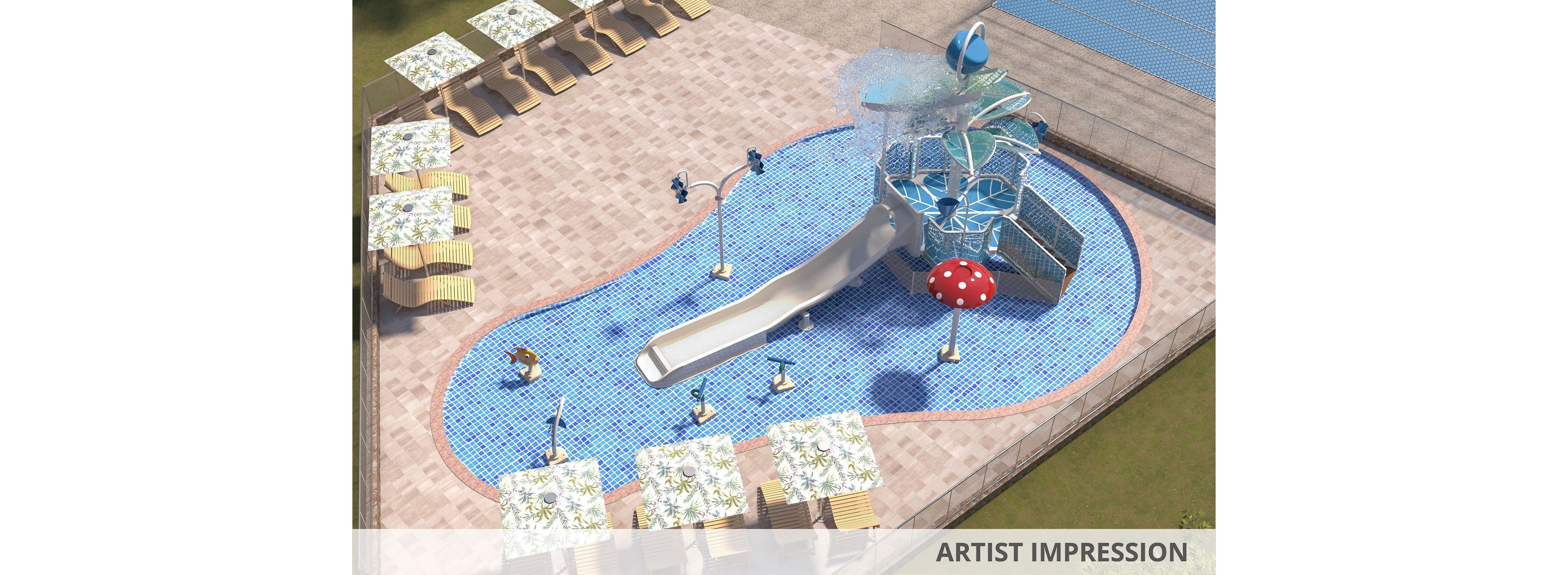 Illustrated view of a small outdoor water play pool featuring a central slide and splash structure. Two children are playing in the shallow tiled pool, surrounded by sun loungers and parasols on a paved deck. A red mushroom fountain and overhead water features add playful visual interest. The text "ARTIST IMPRESSION" appears along the bottom edge of the image.