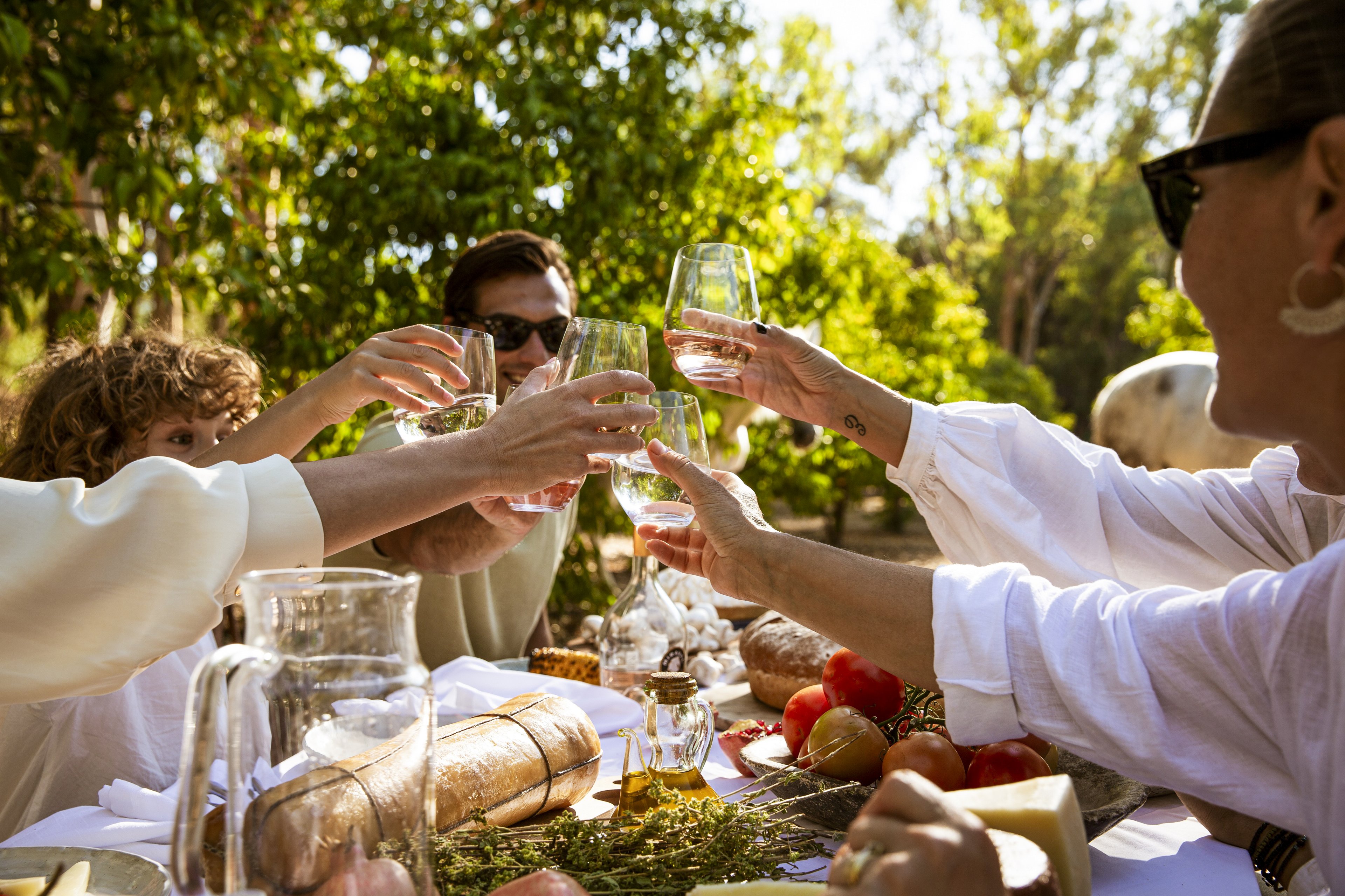 A group of friends raise their glasses in a celebratory toast at an outdoor table. The scene is set in a lush garden with bright sunlight filtering through the trees. A rustic spread of bread, fresh tomatoes, herbs, and water pitchers decorates the table. The warm lighting and relaxed body language create a joyful, summery atmosphere.