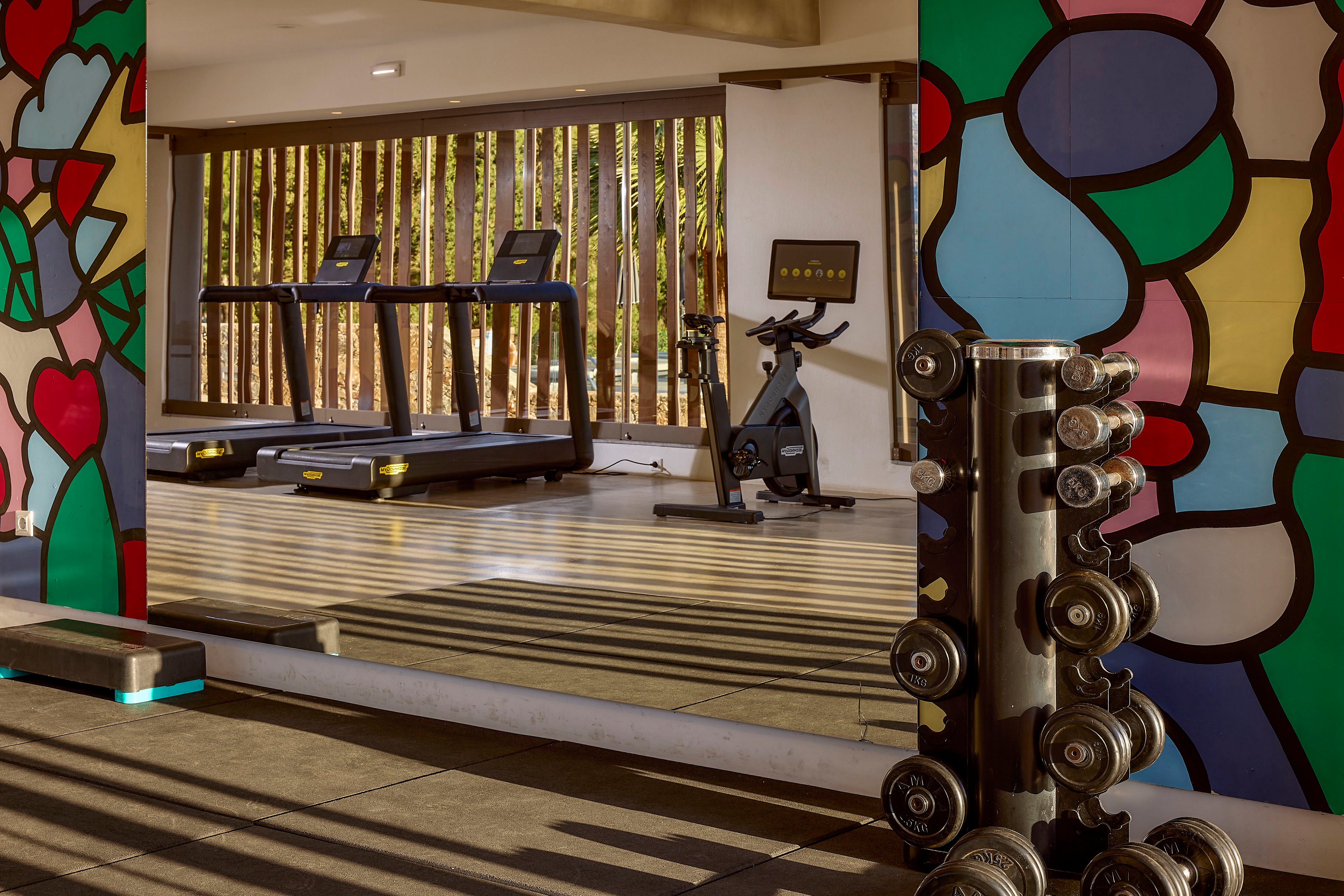 A contemporary indoor gym features two treadmills and a stationary exercise bike in front of a large mirror. Free weights are neatly stacked on a rack in the foreground. The space is framed by vibrant, abstract, multicolored wall art and warm wooden slats that filter natural light. Long shadows and reflections create a stylish, inviting workout atmosphere.