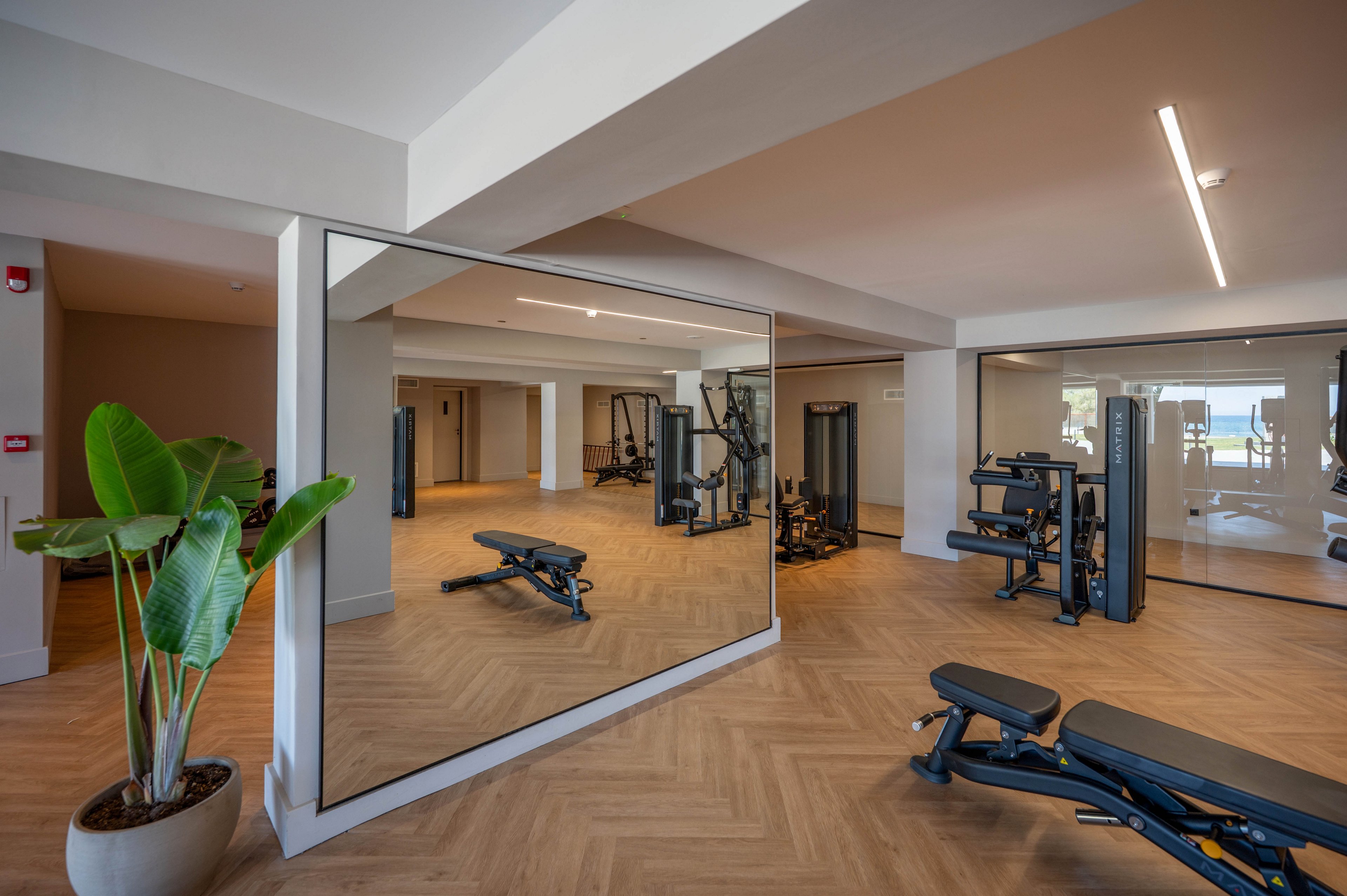 A spacious, modern gym interior features strength training equipment and a large wall mirror reflecting the room. The space has light wood herringbone flooring and neutral-colored walls, creating a clean and contemporary look. Several weight machines and adjustable benches are arranged neatly, with no people present. A potted plant adds a touch of greenery near the mirror, and recessed ceiling lights provide bright, even illumination.