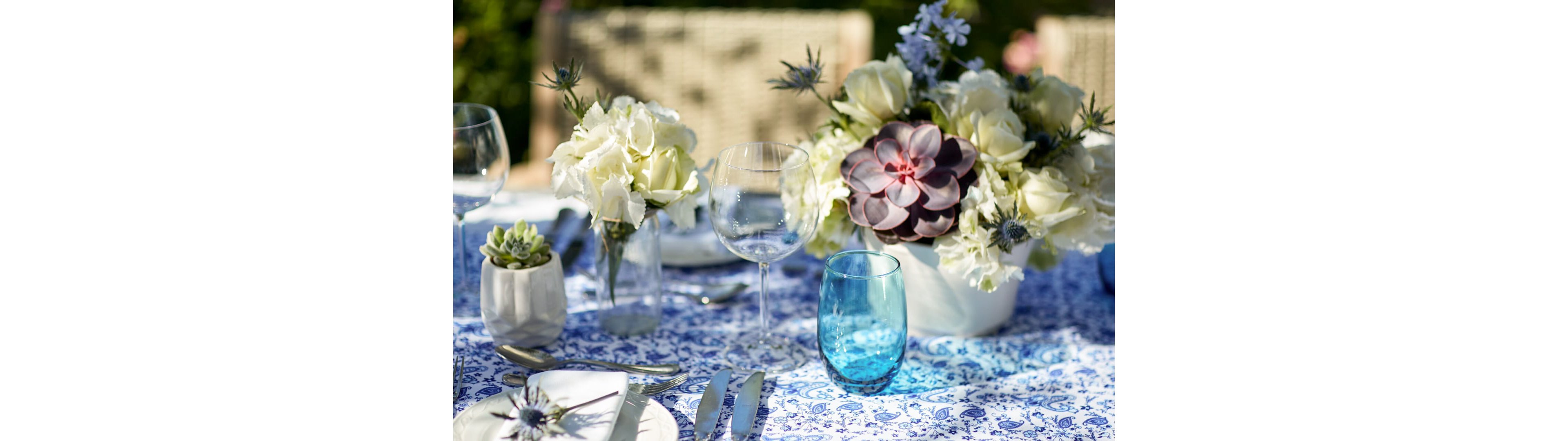 A beautifully arranged outdoor dining table features white floral centerpieces and a prominent succulent arrangement in a white vase. Clear wine glasses, blue-tinted water glasses, and neatly placed cutlery surround white plates on a patterned blue and white tablecloth. The scene is set in natural daylight, suggesting a garden gathering or alfresco meal. Soft focus greenery in the background enhances the relaxed, summery atmosphere.