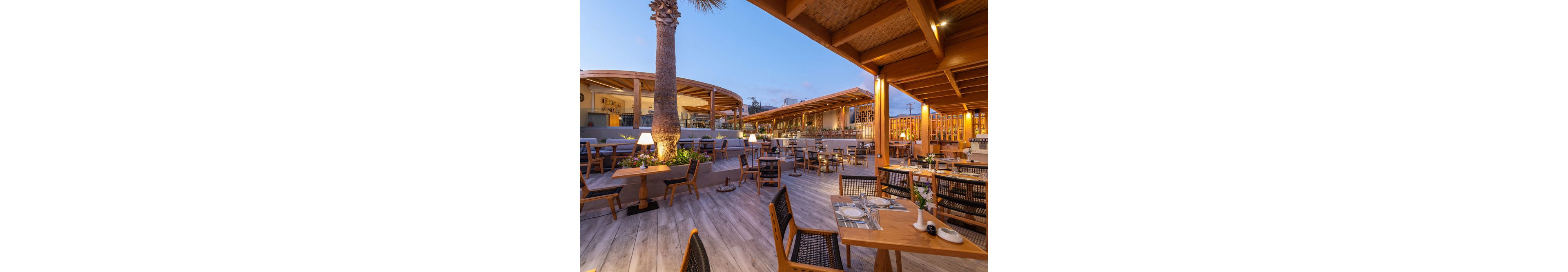 The image shows a spacious outdoor restaurant patio featuring wooden tables, chairs, and architectural elements. Soft evening lighting creates a warm and inviting atmosphere, with table lamps and a prominent palm tree adding to the tropical vibe. The setting is modern and stylish, with neatly arranged dining spaces and visible tableware. The overall mood is relaxed and elegant, ideal for social gatherings or dining experiences.