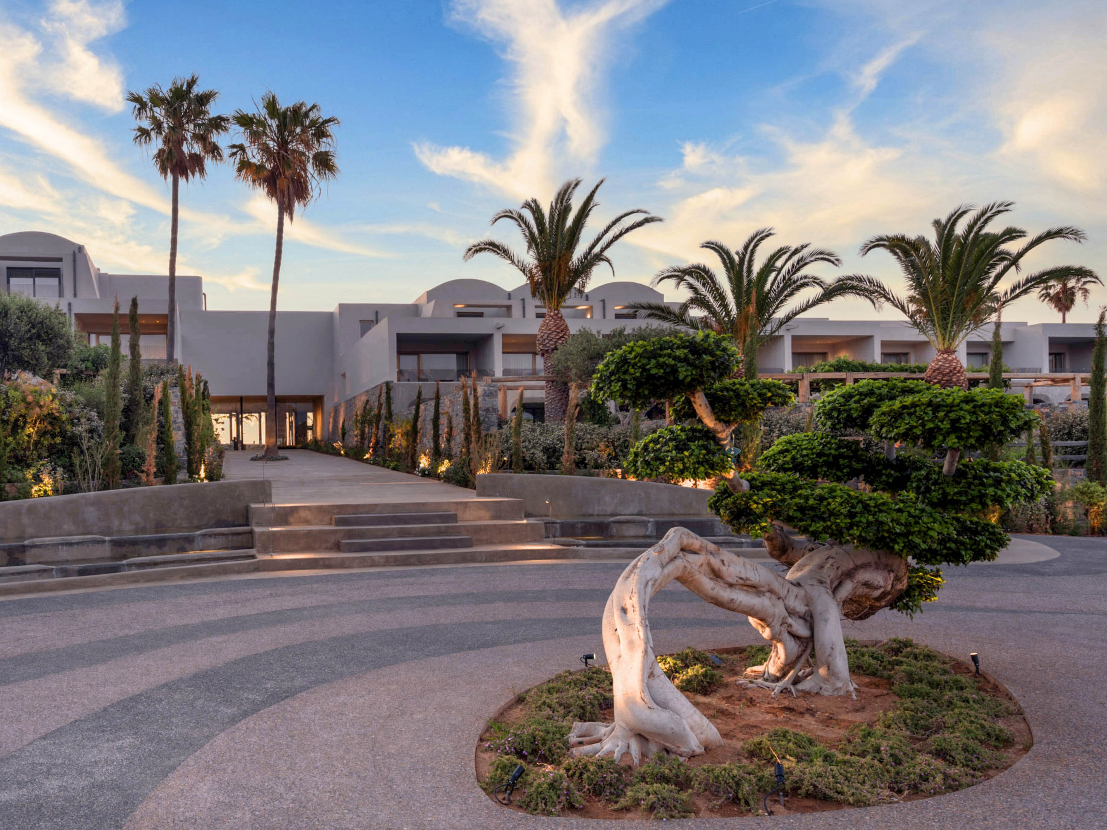 A contemporary resort or hotel entrance is framed by manicured landscaping and a distinctive sculpted tree in the foreground. Curved pathways and low steps lead up to the building’s facade with clean architectural lines and balconies. Tall palm trees and trimmed shrubs add a tropical, Mediterranean feel to the scene. The sky is clear with soft clouds, suggesting a calm, warm evening atmosphere.