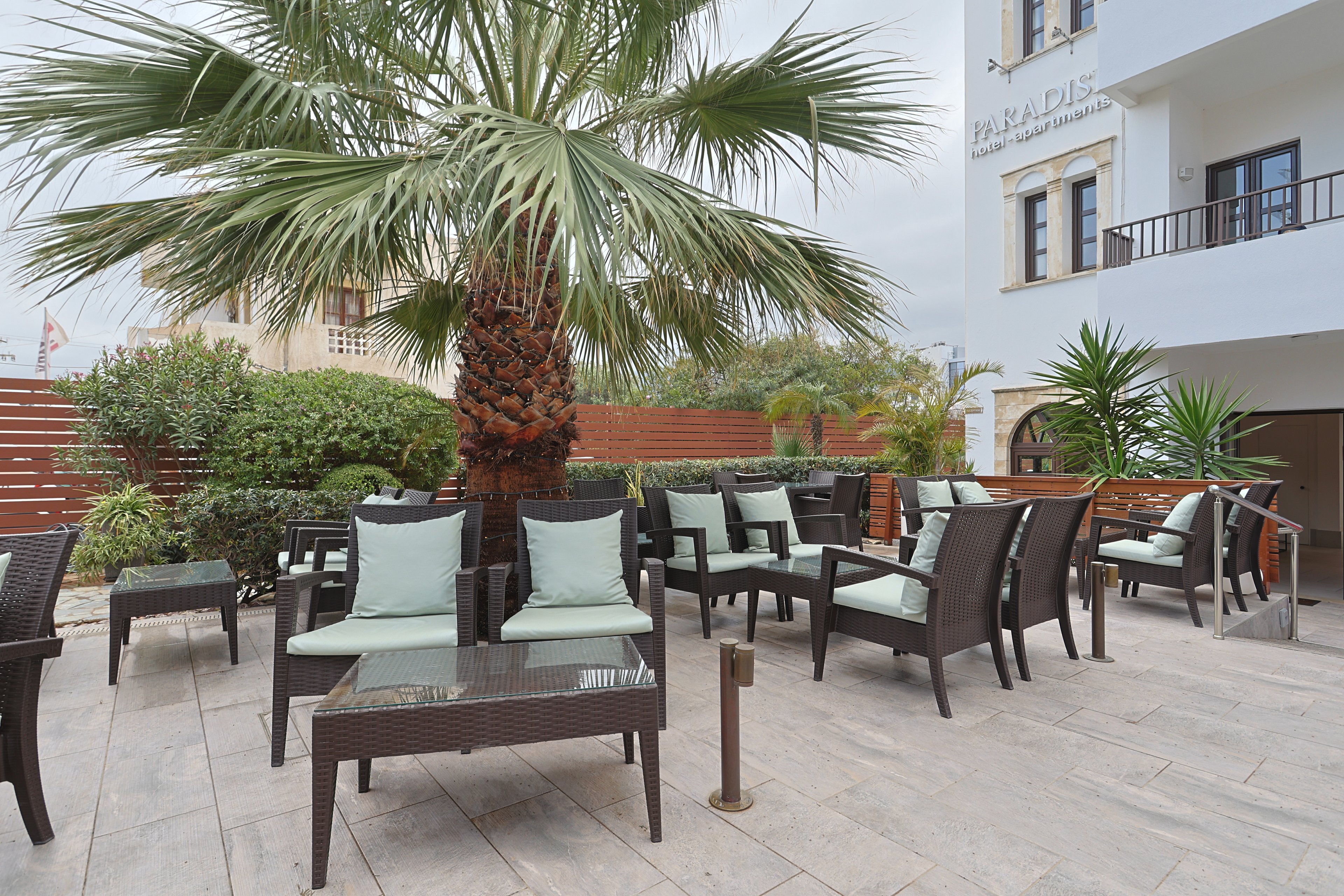 An outdoor hotel patio features several dark wicker chairs and tables arranged around a large palm tree. Pale green cushions add a soft contrast to the neutral stone flooring and light-colored building facade. The setting appears calm and inviting, with lush greenery and tropical plants surrounding the seating area. Overcast skies create diffused lighting that enhances the relaxed, resort-like atmosphere.