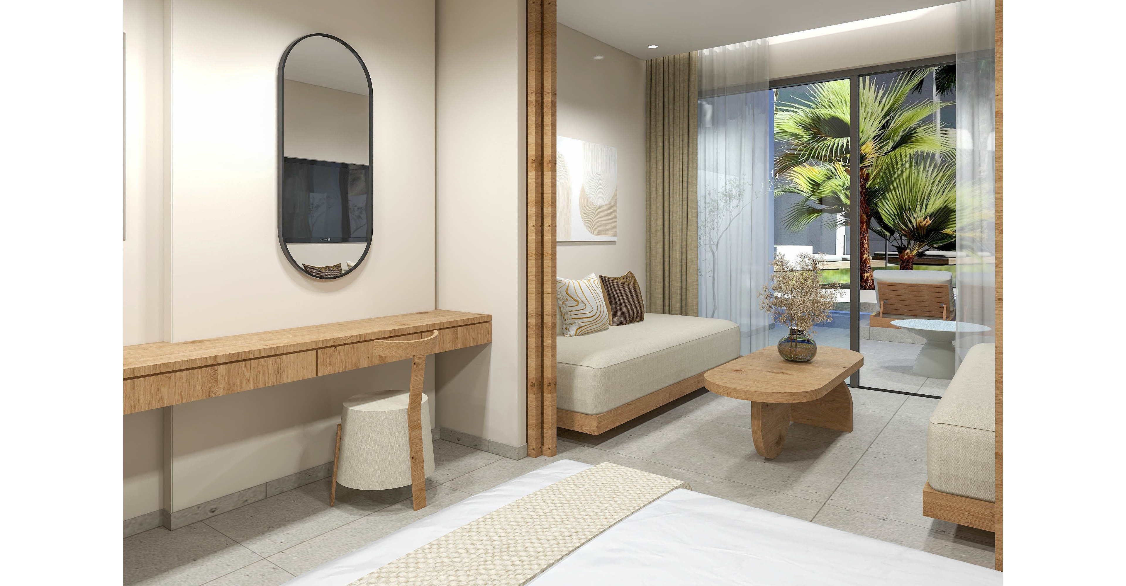 Contemporary hotel suite featuring a neatly made bed and light neutral decor. A wooden vanity with stool and an oval wall mirror sit along one wall, while a built-in daybed with cushions faces a low coffee table. Large glass doors open to a terrace with lush green palm trees and outdoor seating. Soft lighting and natural materials create a calm, minimalist atmosphere ideal for relaxation.