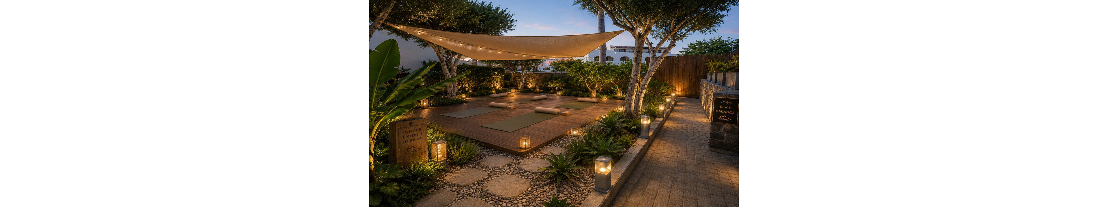 An inviting outdoor yoga deck is set among lush greenery at dusk, with several mats neatly arranged on a wooden platform. A light fabric canopy is strung overhead, and warm lanterns line the perimeter and stone pathway, creating a tranquil atmosphere. Pebbled ground, manicured plants, and soft string lights enhance the serene garden setting. A sign near the entrance mentions yoga and an area of 400 square feet, suggesting a dedicated practice space.