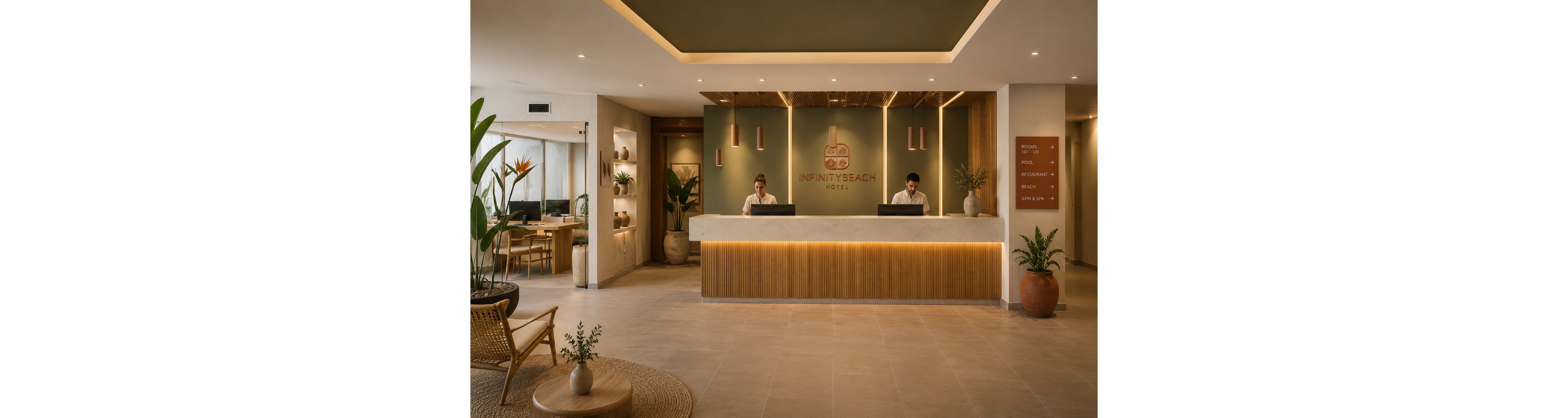 Contemporary hotel reception area featuring two staff members working behind a long front desk. The Infinity Beach Hotel name and emblem are prominently displayed on the green accent wall. Warm lighting, neutral tones, and wooden details create a welcoming atmosphere. Decorative plants, seating, and wall shelves add to the stylish coastal-inspired interior design.