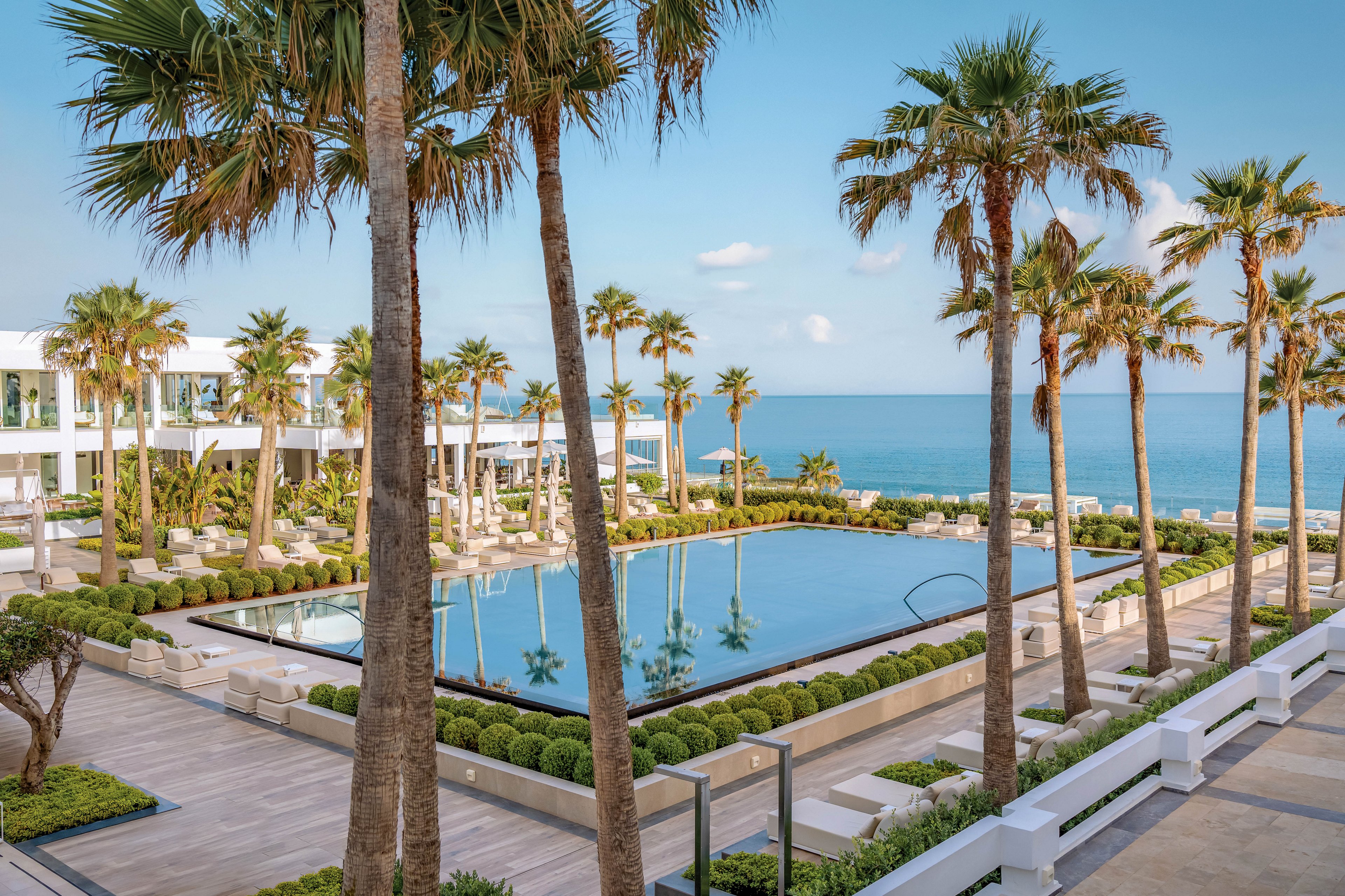 A luxurious resort pool is surrounded by tall palm trees and manicured greenery overlooking a calm sea. White modern buildings frame the pool area, creating a clean and contemporary coastal aesthetic. Sun loungers and seating areas line the deck, suggesting a relaxing vacation setting. The clear blue sky and ocean horizon enhance the tranquil, tropical atmosphere.