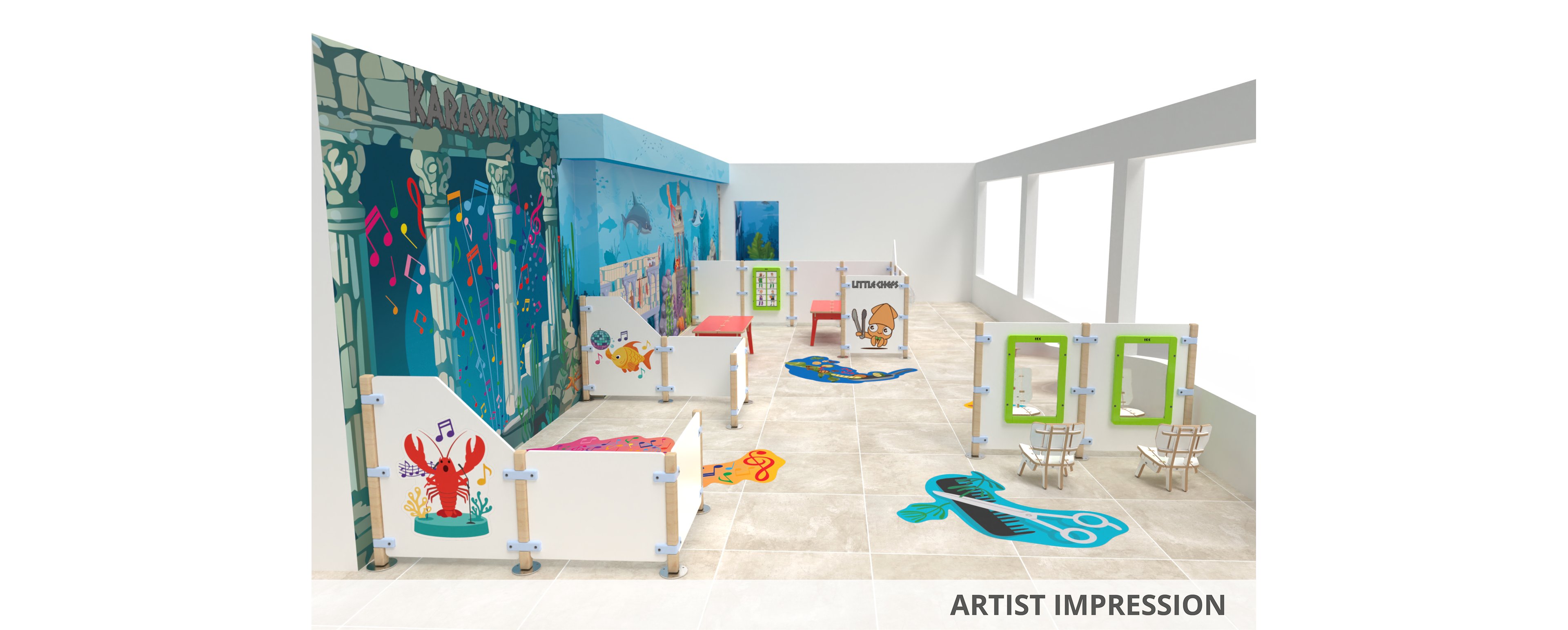 A bright indoor children's play area features an undersea theme with illustrated sea creatures on walls and panels. The space includes small activity stations, low tables, and playful floor graphics shaped like scissors and sea animals. Large windows line one side of the room, allowing natural light to fill the open, tiled space. The overall design is clean, modern, and inviting for young children.