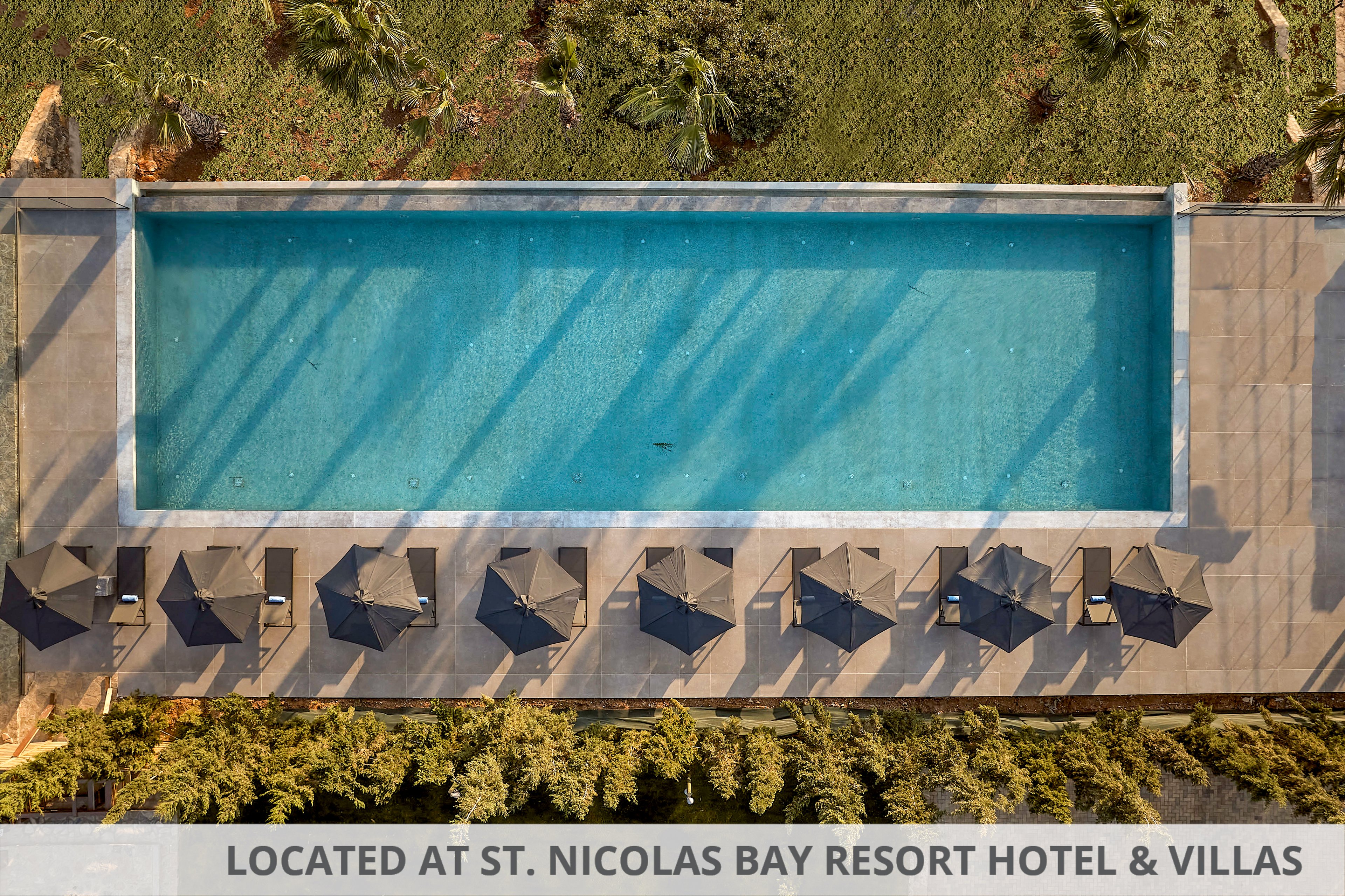 An aerial view shows a long rectangular swimming pool surrounded by a minimalist concrete deck. Dark lounge chairs with umbrellas are neatly arranged in a row along one side of the pool. Tall shadows stretch across the water, suggesting late afternoon sunlight. Lush green landscaping and palm trees frame the pool area, creating a serene resort-like atmosphere.