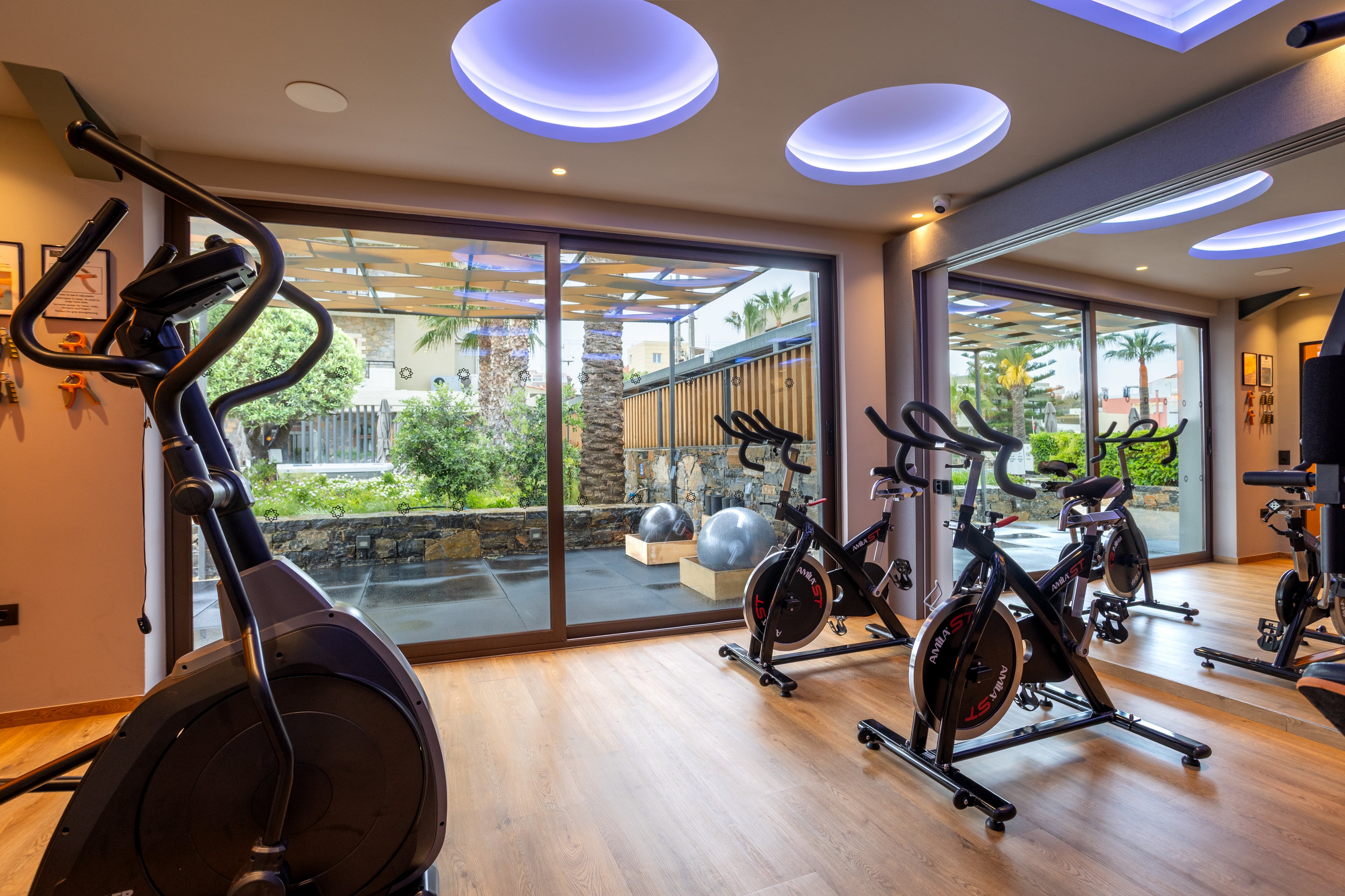 A contemporary indoor gym features several stationary bikes and an elliptical trainer arranged on a wooden floor. Large floor-to-ceiling windows reveal an outdoor patio with greenery and exercise balls. Recessed circular ceiling lights with a soft blue glow create a modern, inviting atmosphere. The space appears clean, bright, and designed for hotel or resort guests to enjoy cardio workouts.