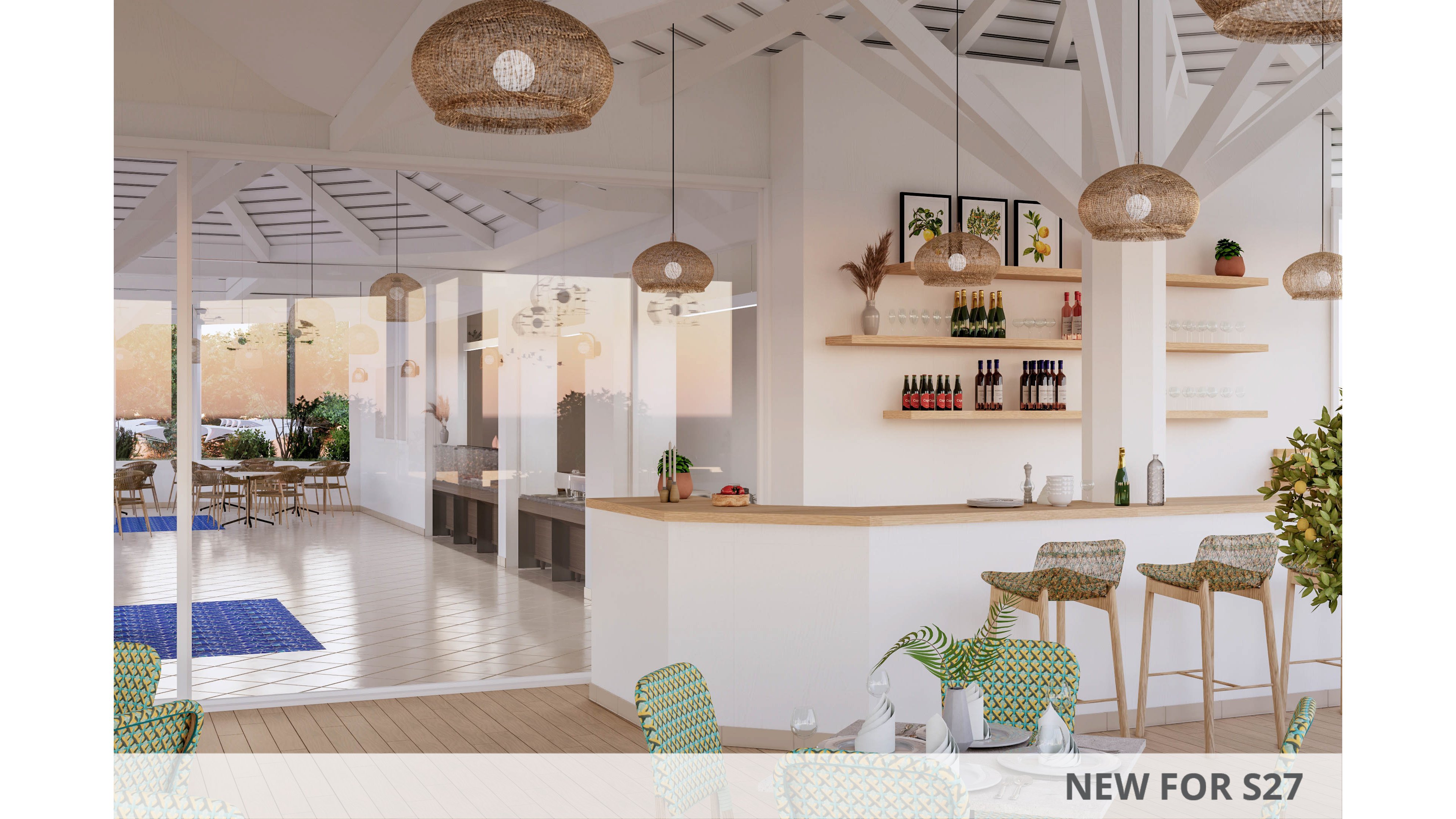 A modern open-air cafe bar features a white counter with wooden stools and woven seats. Glass walls reveal additional seating areas and tables extending into a bright, airy interior. Natural textures such as wicker pendant lights, wooden floors, and green patterned chairs create a relaxed coastal atmosphere. Bottles and decor items are neatly arranged on floating shelves behind the bar, enhancing the casual yet stylish setting.
