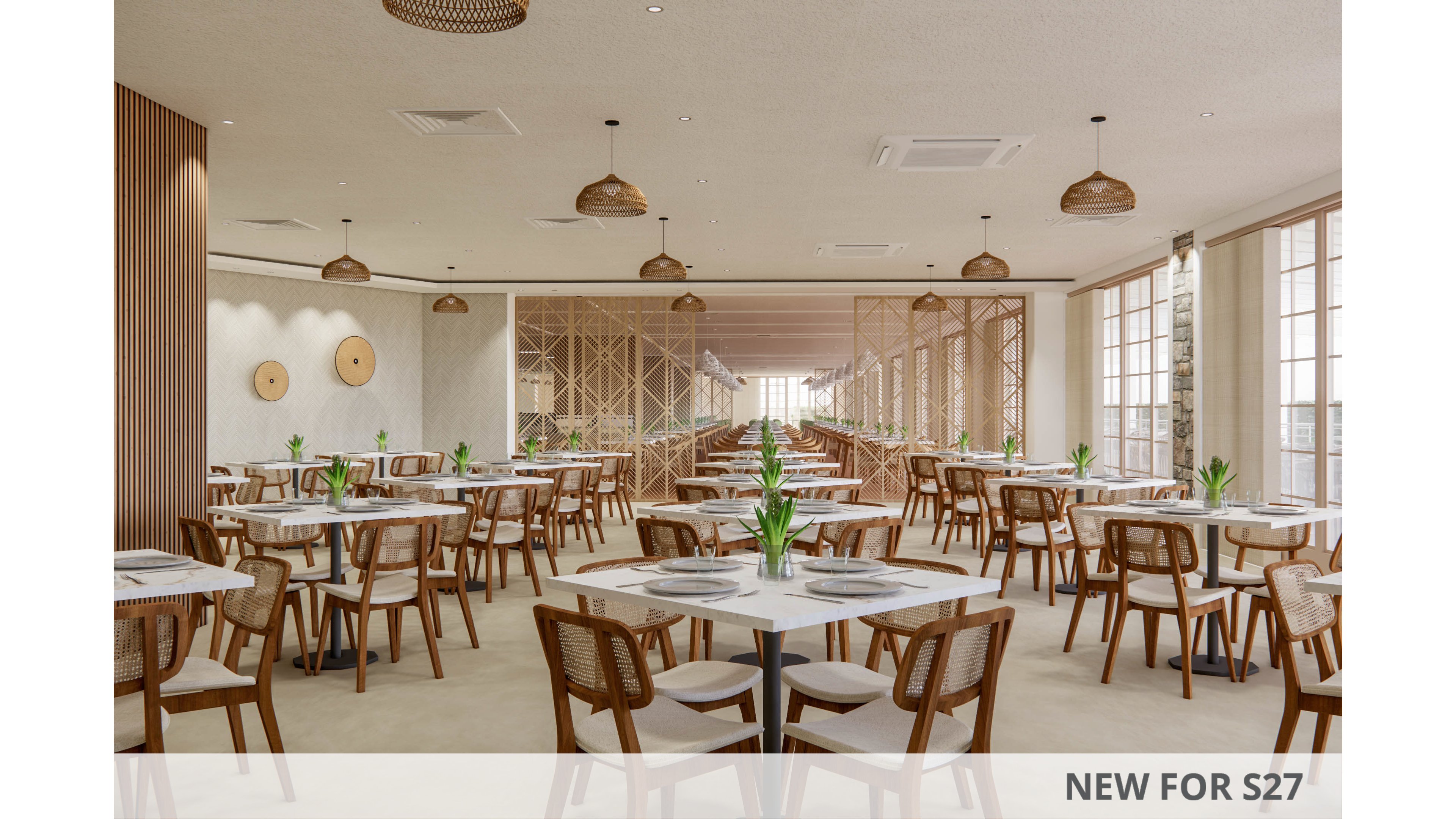 Spacious contemporary restaurant dining room with neatly arranged tables and chairs. The setting features large windows, light wood furniture, and neutral-toned walls creating an airy atmosphere. Pendant lights hang from the ceiling, and small green plants decorate the tabletops for a fresh touch. The overall design feels clean, minimalist, and inviting for guests.