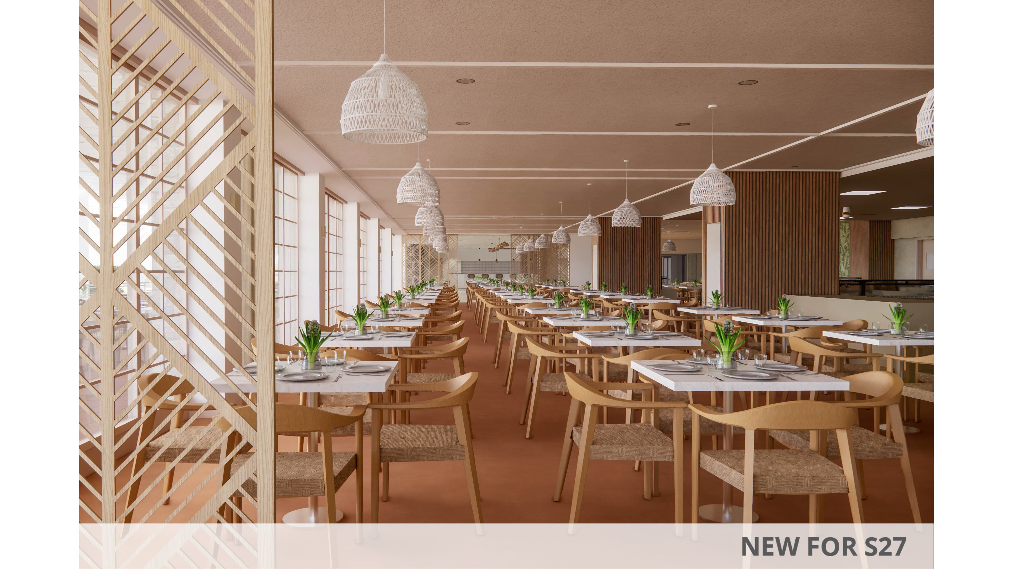 Spacious contemporary restaurant interior with rows of wooden tables and chairs. The setting features large windows along one side, allowing natural light to fill the dining area. White pendant lights hang from the ceiling, and small green plants decorate each table for a fresh, minimalist look. Warm earthy tones and clean lines create a calm, inviting atmosphere in the empty space.