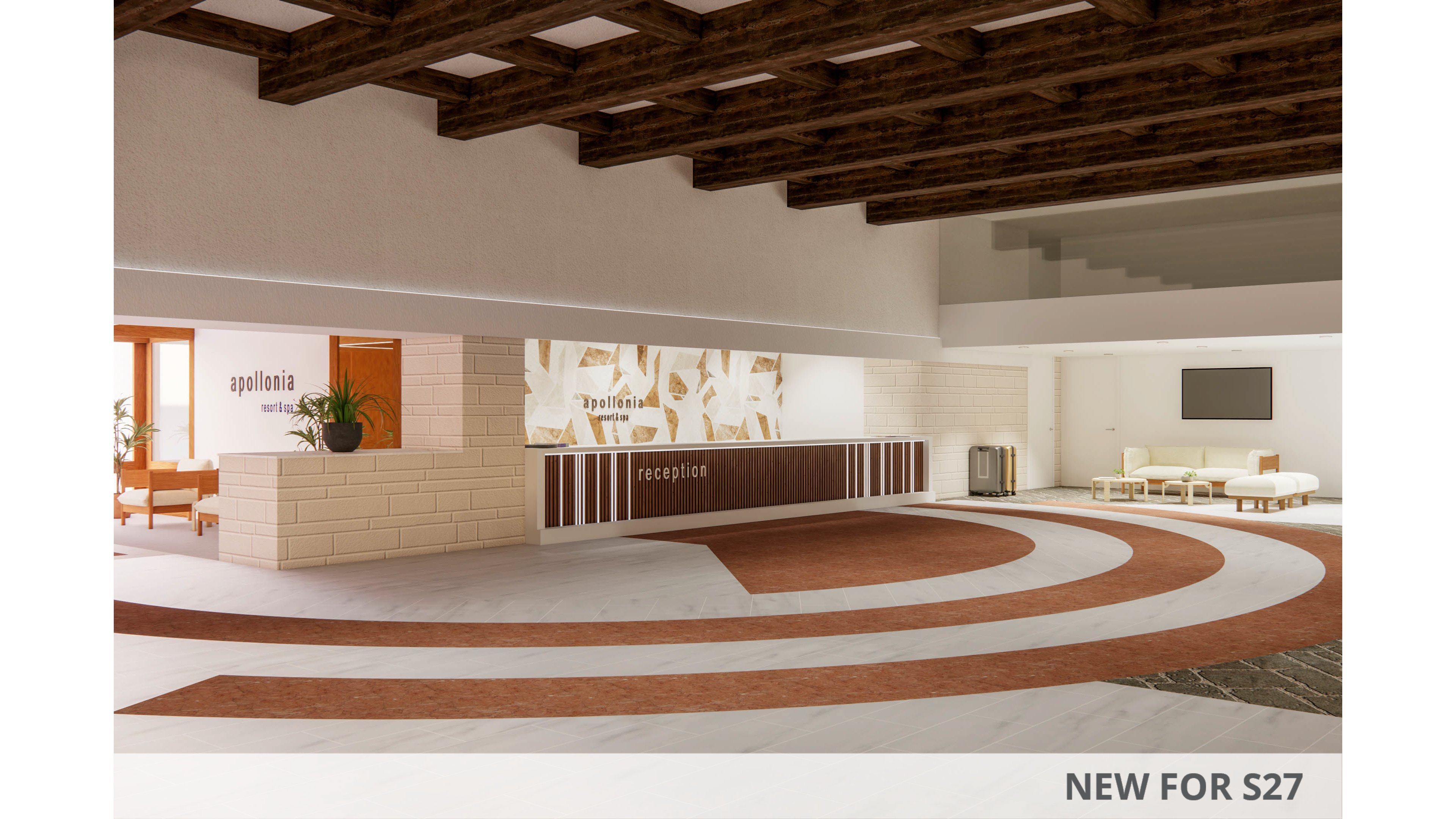 Spacious hotel lobby interior featuring a long reception desk labeled 'reception' and 'apolinia'. The space has a contemporary design with circular floor patterns in brown and white tones. Comfortable seating areas and a large wall-mounted screen are visible in the background. Warm lighting and wooden ceiling beams create an inviting, modern atmosphere.