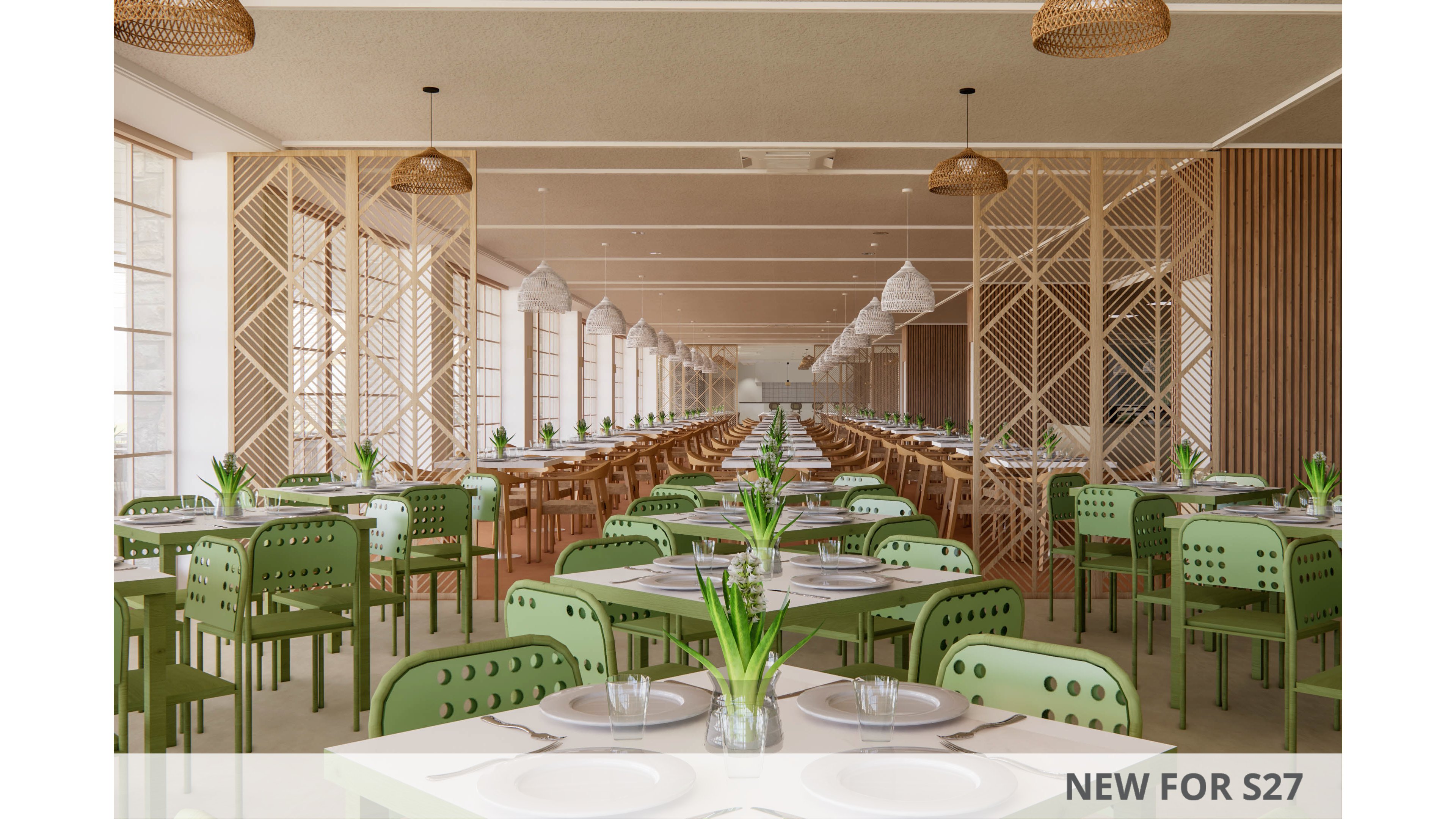 Spacious contemporary restaurant interior featuring rows of green chairs and neatly set tables. The setting is bright and airy with large windows along one side letting in natural light. Decorative wooden partitions and pendant lights create a warm, inviting atmosphere. White plates, glassware, and small vases with green plants add a fresh, minimalist touch to the dining space.
