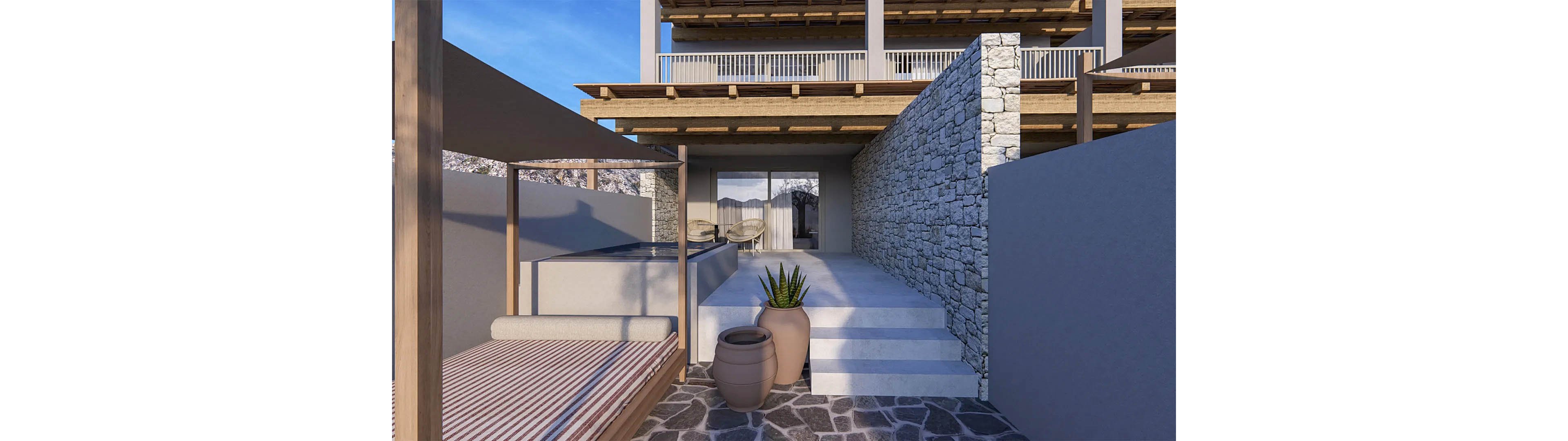 A contemporary outdoor terrace features a shaded lounge bed and minimalist seating area. Stone steps lead up between a textured stone wall and smooth partition toward a modern building facade. Two decorative clay pots and a potted plant add natural accents to the stone-paved floor. Warm sunlight and clear blue sky highlight the clean architectural lines and resort-like atmosphere.
