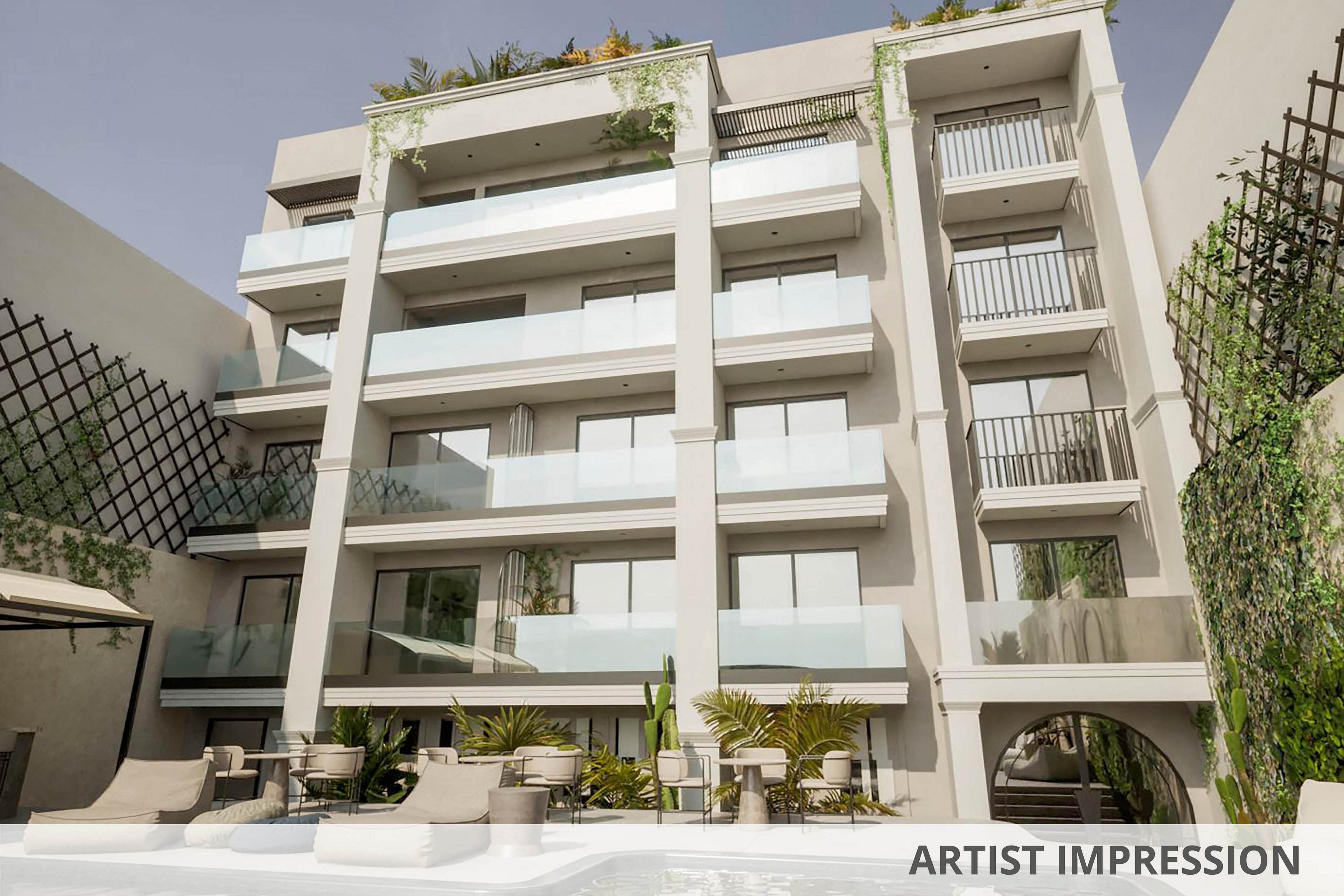 A contemporary multi-story apartment building features spacious balconies and a rooftop garden. The setting includes a stylish outdoor pool surrounded by cushioned lounge chairs and lush greenery. The building’s clean lines and neutral color palette create a relaxed, upscale atmosphere. No visible text or numeric values are present in the image.
