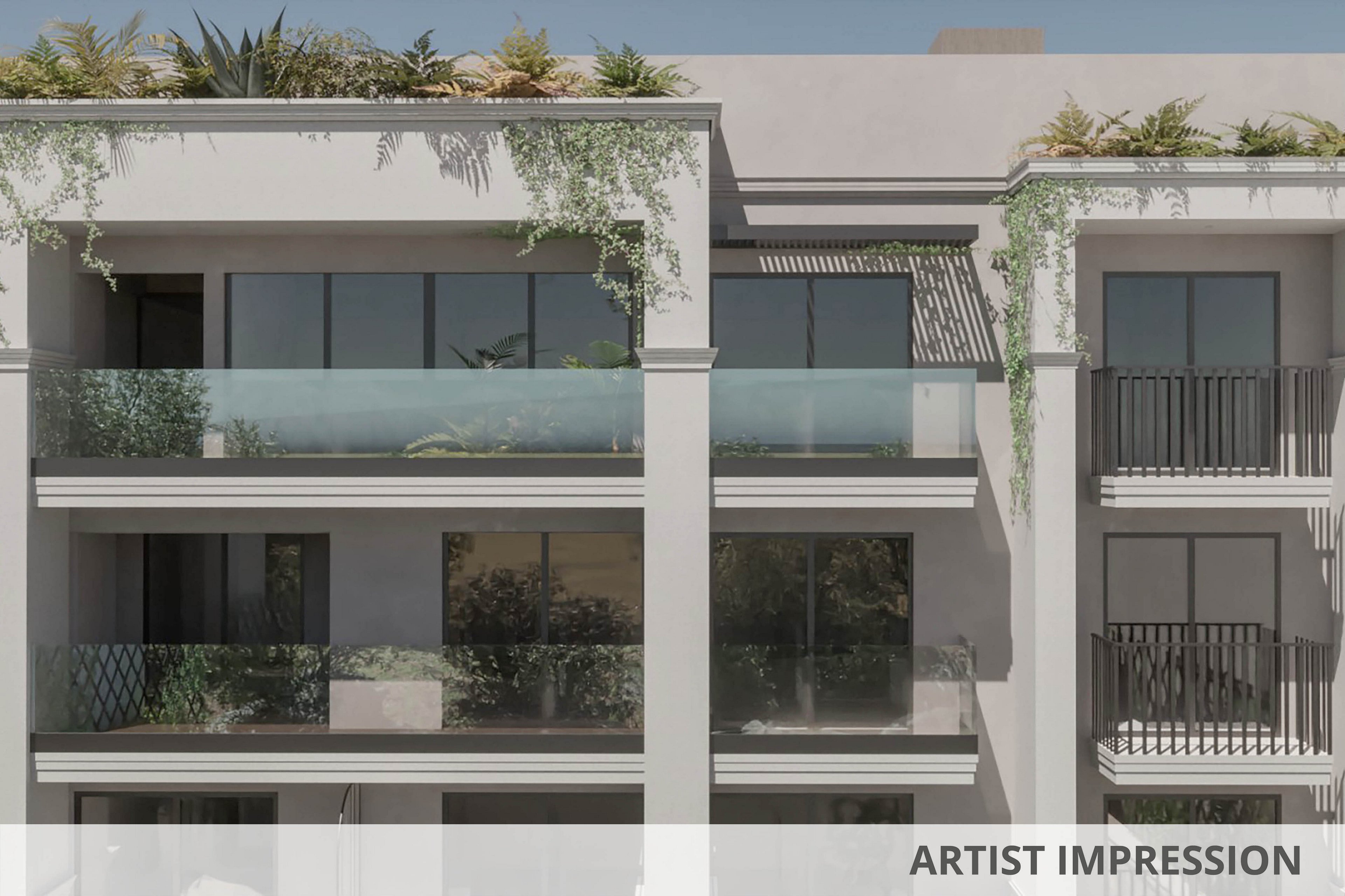 A contemporary multi-story apartment building features large glass balconies and minimalist architectural lines. The facade is adorned with lush green plants cascading from the rooftop and balcony edges, adding a touch of nature to the urban setting. The neutral color palette and clean design create a calm, modern atmosphere. No visible text or numbers are present in the image.