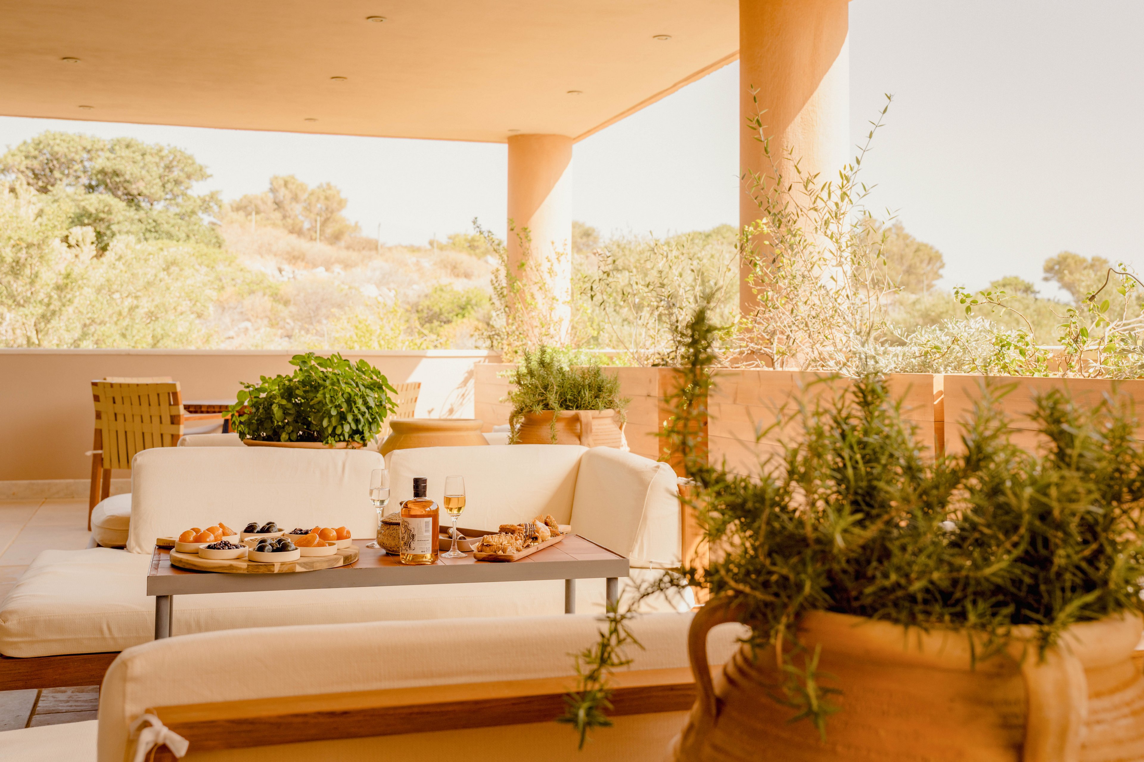 An inviting outdoor terrace features a low table set with assorted appetizers and drinks. Comfortable white cushioned seating surrounds the table, creating a relaxed dining area. Warm sunlight bathes the scene, highlighting earthy tones and natural materials. Potted herbs and greenery frame the foreground and background, evoking a Mediterranean summer atmosphere.