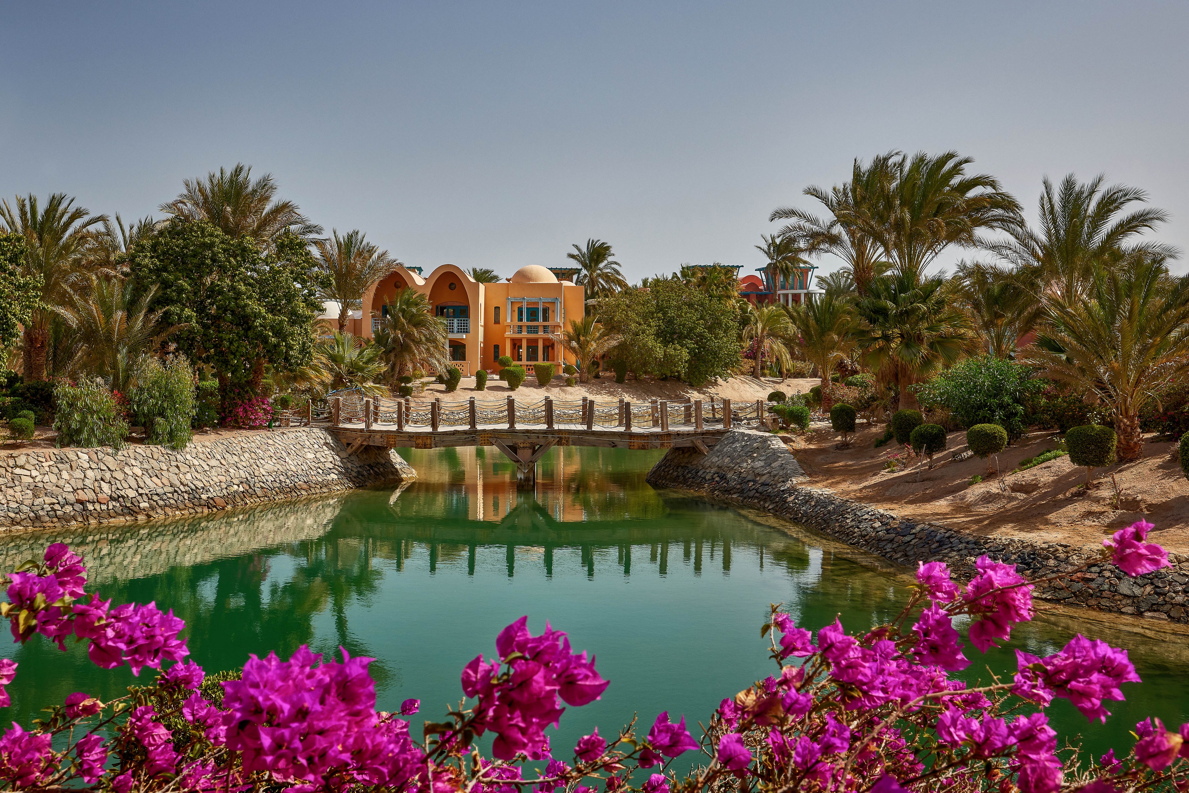 A serene garden setting featuring a small wooden bridge over a calm green pond surrounded by lush palm trees and vibrant pink flowers. The backdrop includes colorful Mediterranean-style buildings under a clear blue sky. The scene exudes tranquility and natural beauty, perfect for relaxation or vacation imagery.
