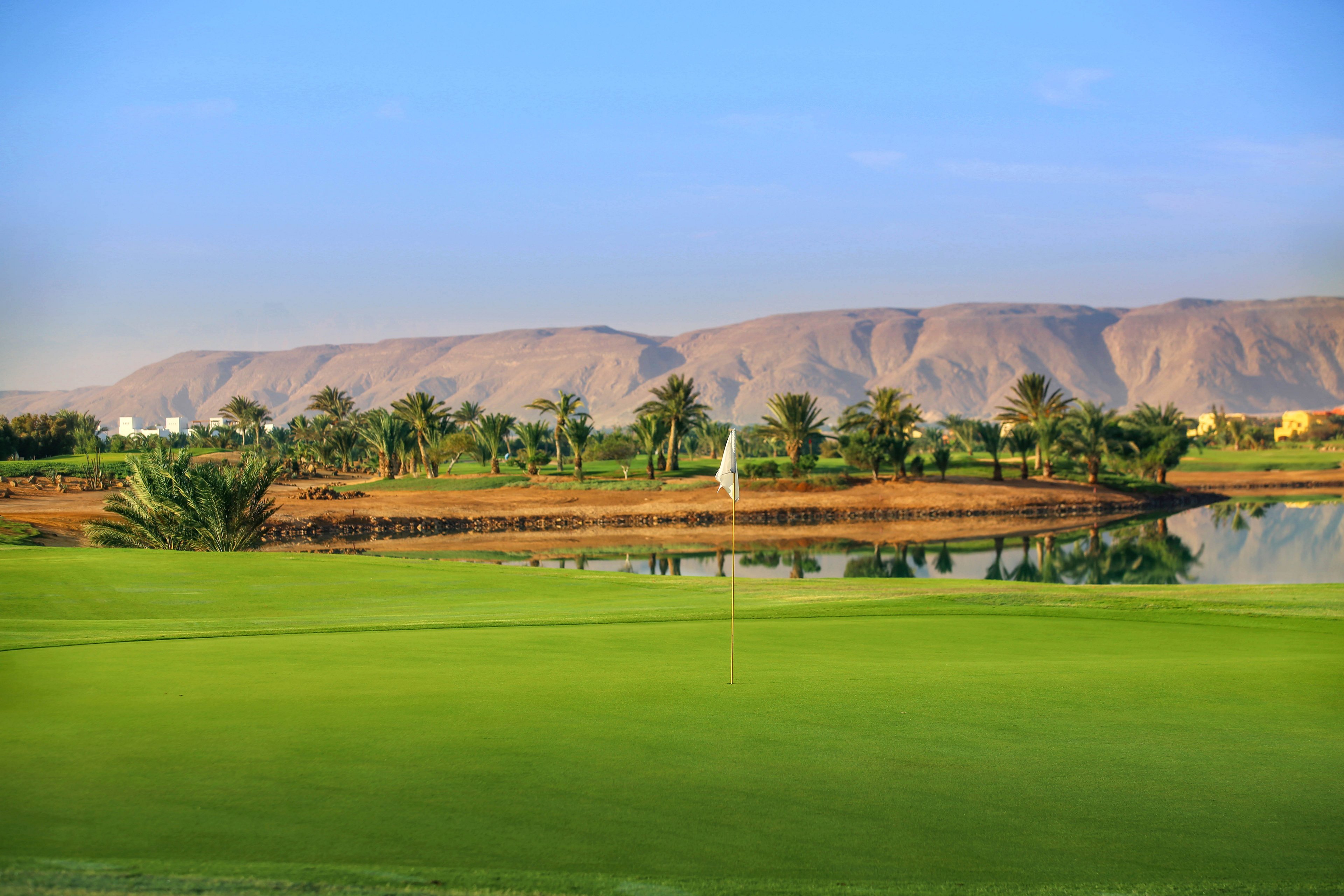 A lush green golf course with a flag marking the hole, set against a backdrop of palm trees and a serene water body. The distant mountains add a dramatic touch to the tranquil setting. The clear blue sky enhances the vibrant and peaceful atmosphere.
