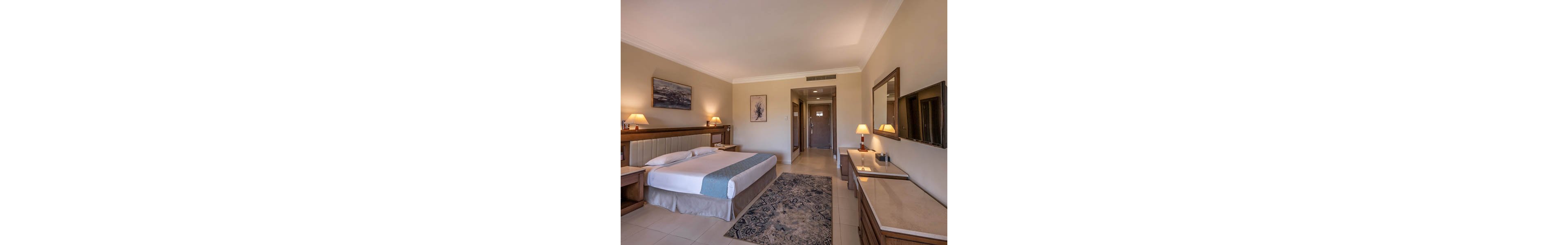 A well-lit hotel room featuring a neatly made double bed with a blue runner, wooden furniture, and warm lighting. The room includes a wall-mounted TV, a decorative rug, and framed artwork on the walls. The neutral color palette creates a calm and inviting atmosphere.