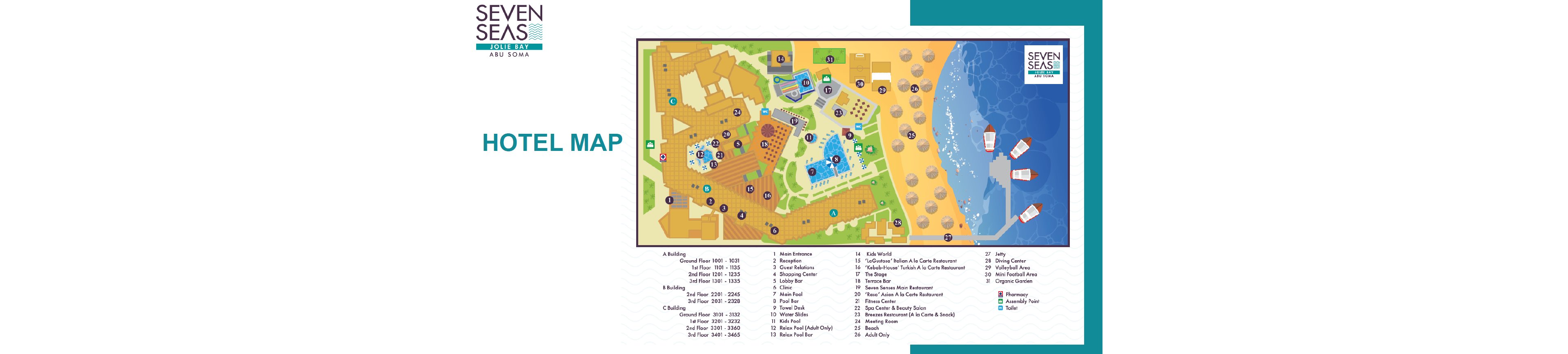 Colorful illustrated map of the Seven Seas Hotel Resort at Abu Soma, showing various buildings, pools, restaurants, and beach access. The map includes labeled zones such as A, B, and C buildings, as well as amenities like pools, spa, and kids club. Visible numbers include room ranges and facility codes, with icons marking key locations. The map is bordered by the sea with boats and a legend for easy navigation.